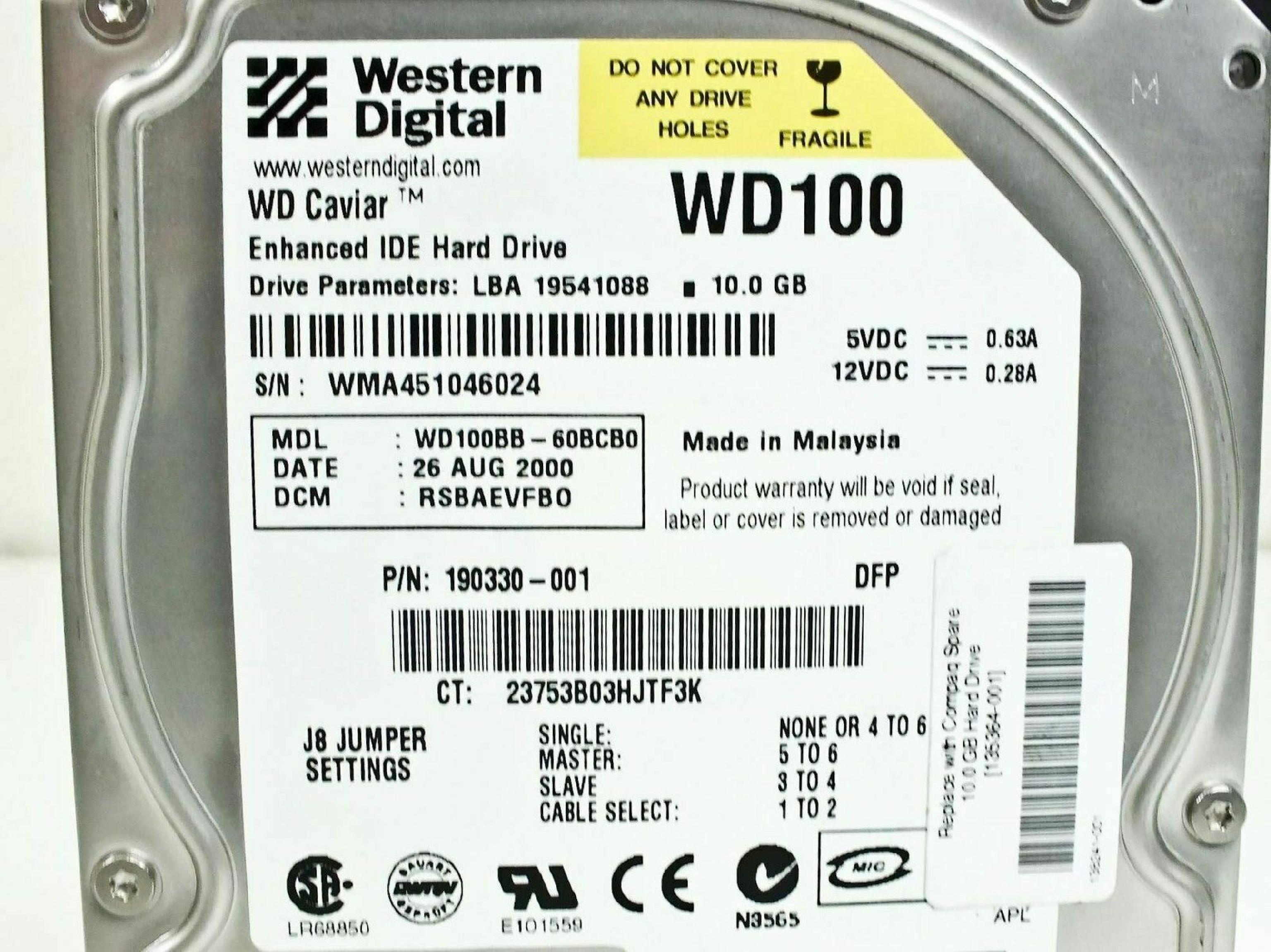 WESTERN DIGITAL / DELL / WD 078FGW CAVIAR 10GB AT 3.5 INCH HARD DRIVE 10.0GB 3.5INCH IDE LBA 19541088 16 AUG 2001 DCM HRBBEGYH HRBBEGYB