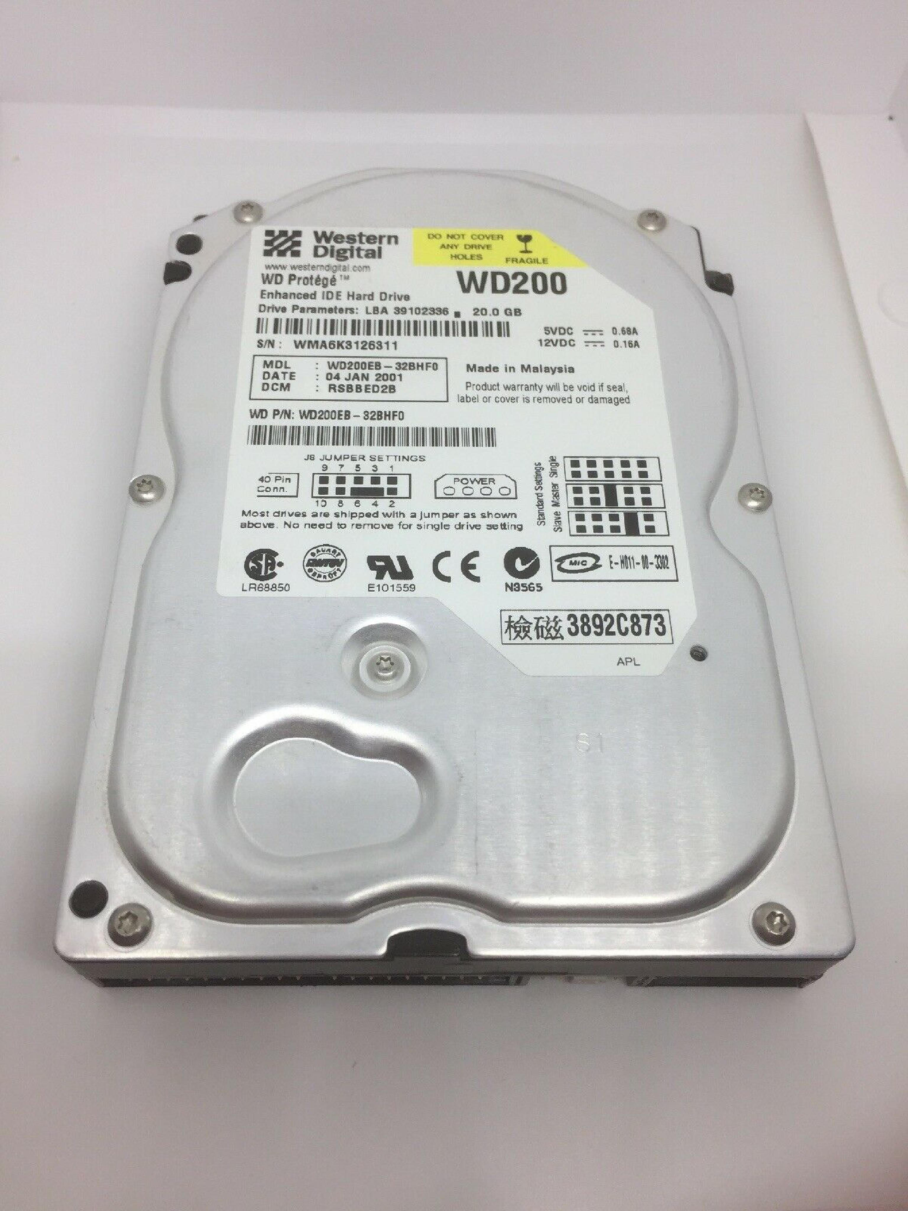 WESTERN DIGITAL / WD WD200 CAVIAR 20GB AT 3.5 INCH HARD DRIVE PROTEGE 20.0GB IDE DATE:22 MAY 2002, DCM: RSCATD2B HD LBA 39102336 DATE 10 DEC 2002 DCM HSBANV2A DSCANV2A REV A00 39062500 14 AUG HSCHNA2AH DSBBHV2A REV: HSBANA2AA 31 JAN 2003 05 NOV 2000 DSBBEV2B HSBANA2CA 03 DSBACV2CA 1