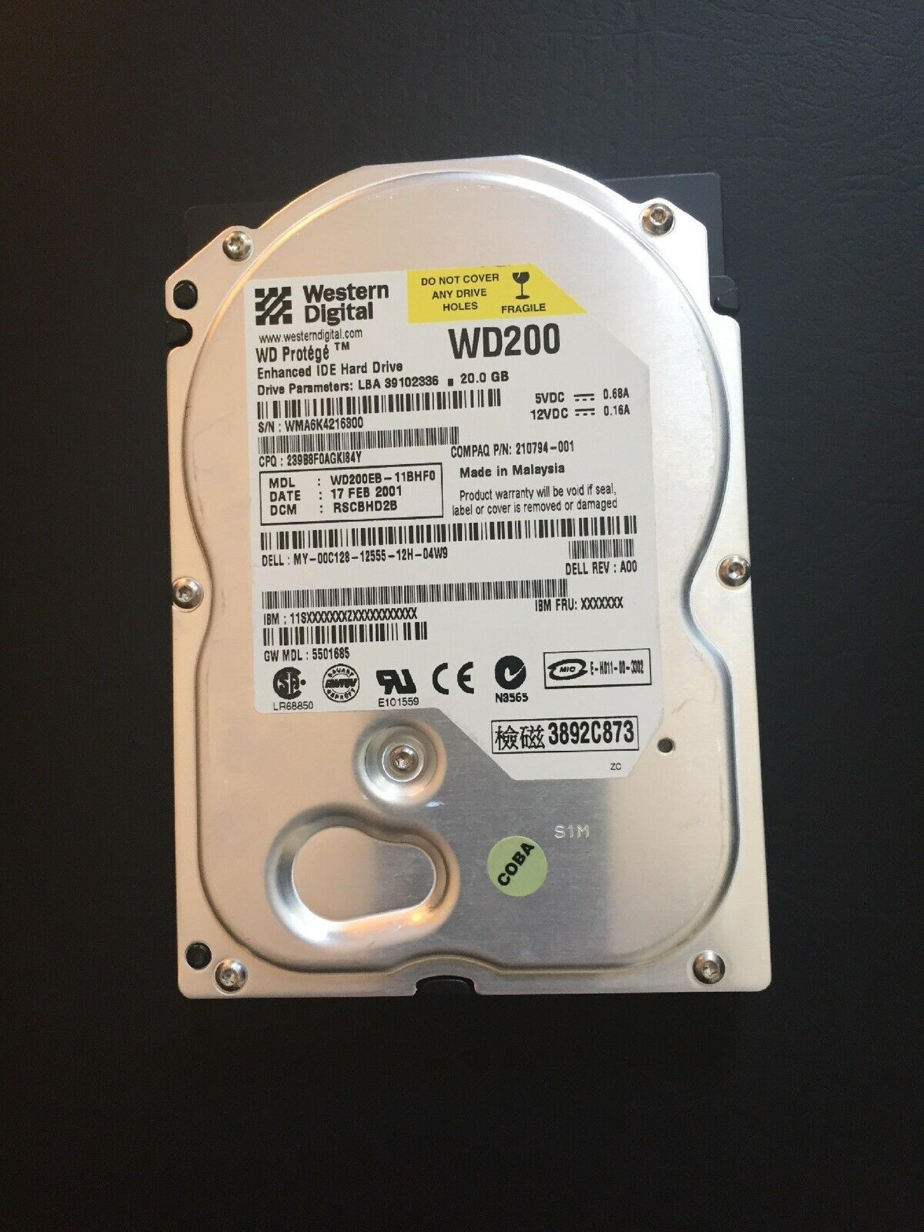 WESTERN DIGITAL / WD WD200 CAVIAR 20GB AT 3.5 INCH HARD DRIVE PROTEGE 20.0GB IDE DATE:22 MAY 2002, DCM: RSCATD2B HD LBA 39102336 DATE 10 DEC 2002 DCM HSBANV2A DSCANV2A REV A00 39062500 14 AUG HSCHNA2AH DSBBHV2A REV: HSBANA2AA 31 JAN 2003 05 NOV 2000 DSBBEV2B HSBANA2CA 03 DSBACV2CA 1