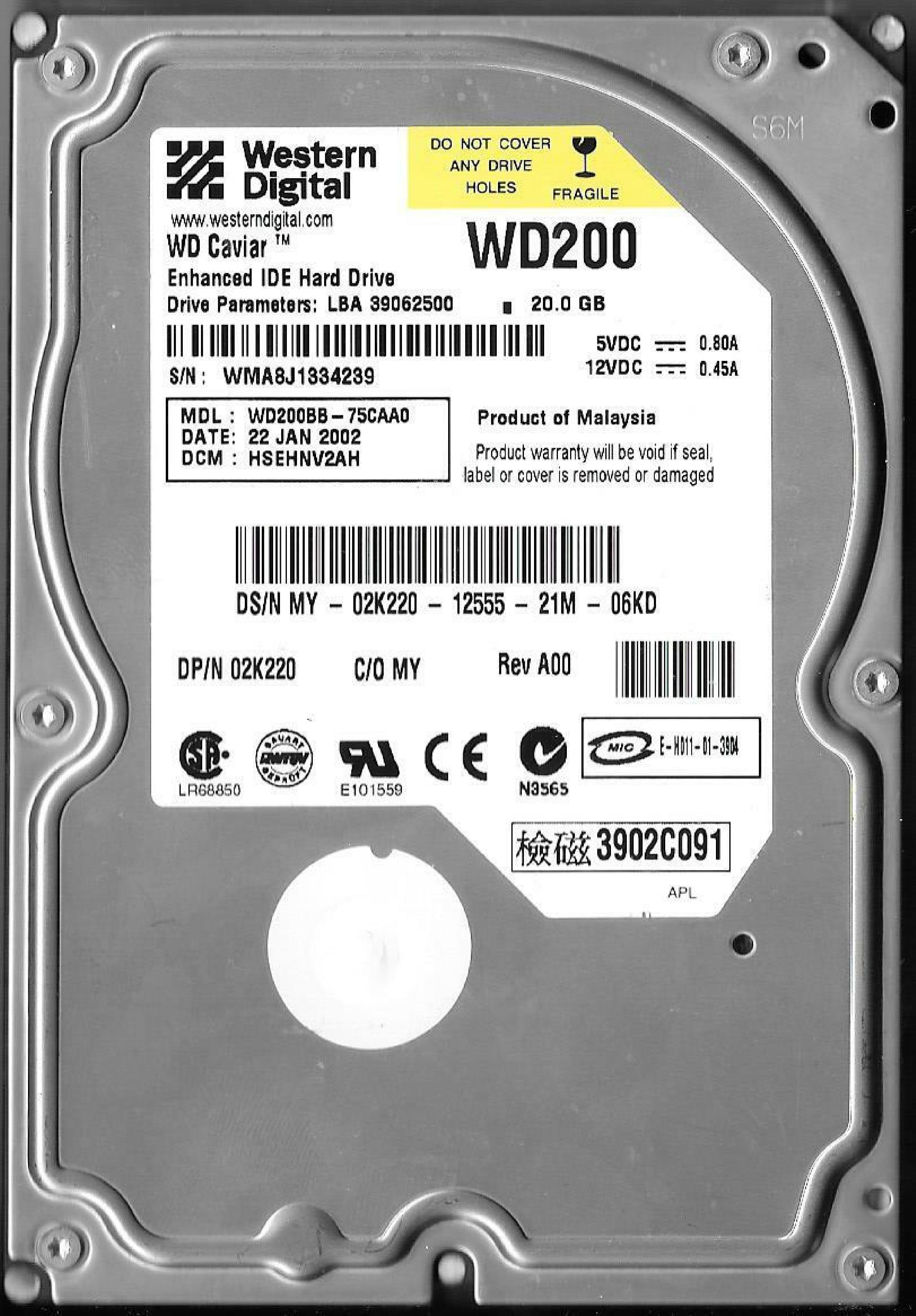 WESTERN DIGITAL / WD WD200BB-75CAA0 CAVIAR 20GB AT 3.5 INCH HARD DRIVE 20.0GB IDE LBA 39062500 04JUL 2002 DCM DSEHNA2AH