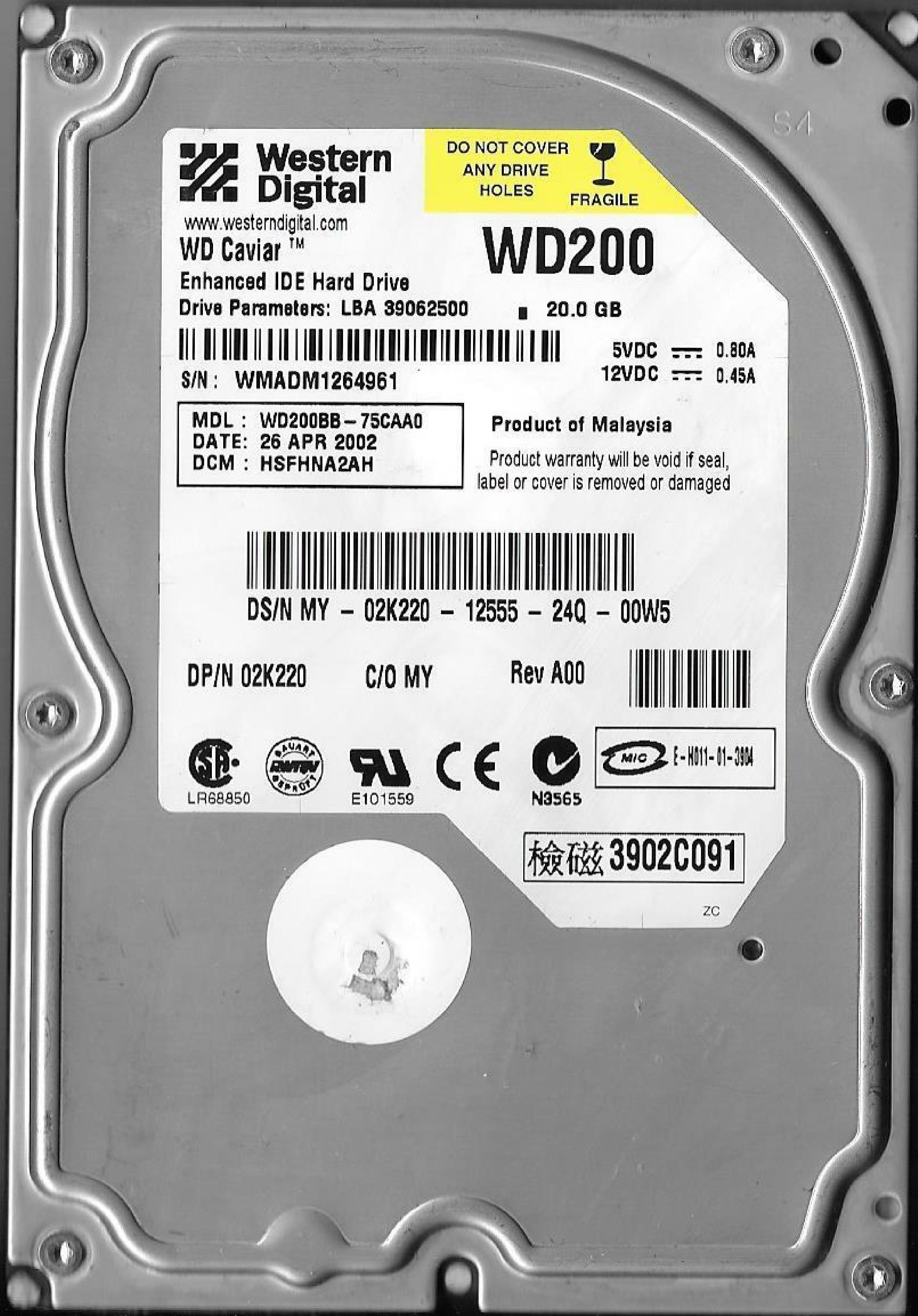 WESTERN DIGITAL / WD WD200BB-75CAA0 CAVIAR 20GB AT 3.5 INCH HARD DRIVE 20.0GB IDE LBA 39062500 04JUL 2002 DCM DSEHNA2AH