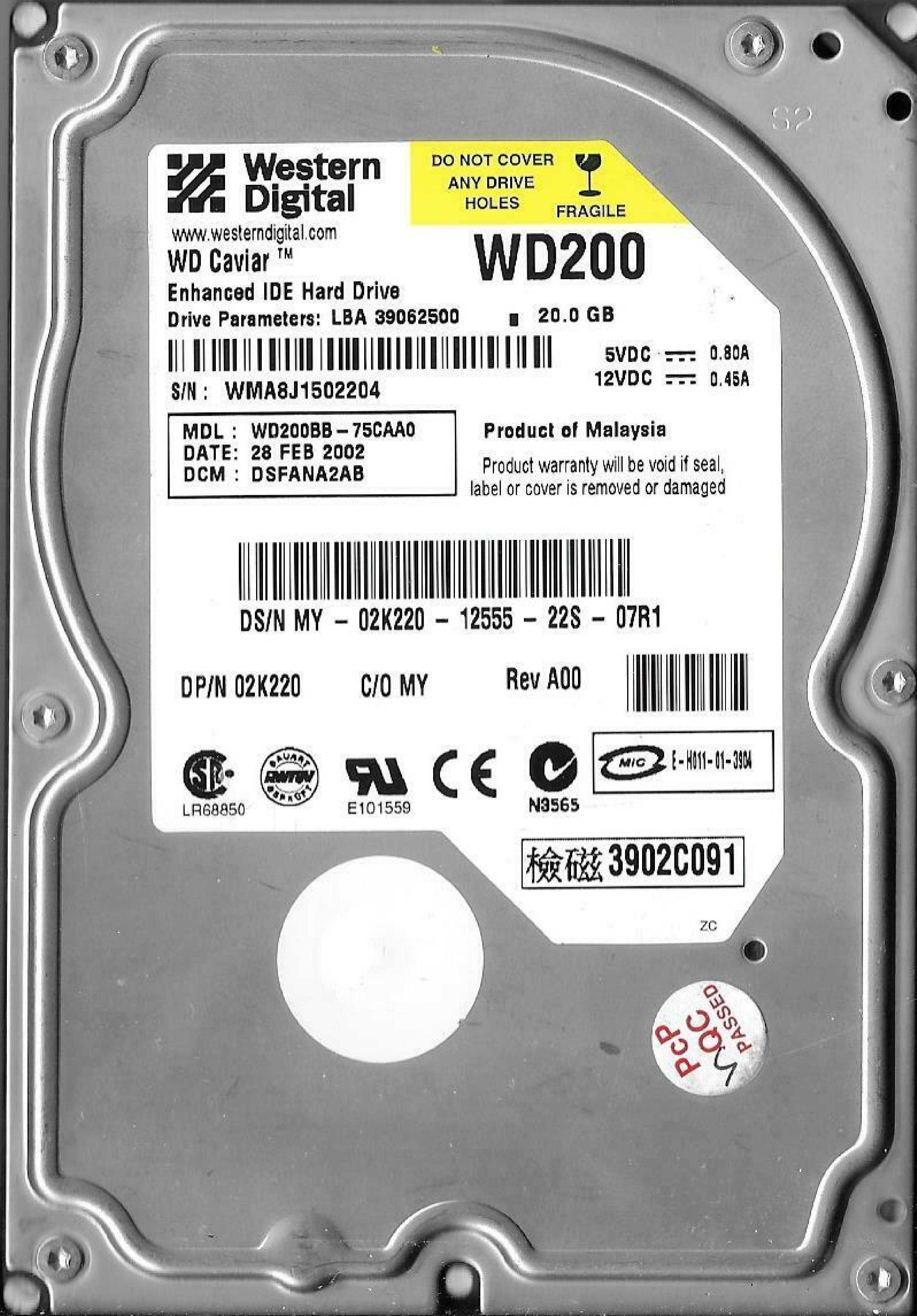 WESTERN DIGITAL / WD WD200BB-75CAA0 CAVIAR 20GB AT 3.5 INCH HARD DRIVE 20.0GB IDE LBA 39062500 04JUL 2002 DCM DSEHNA2AH