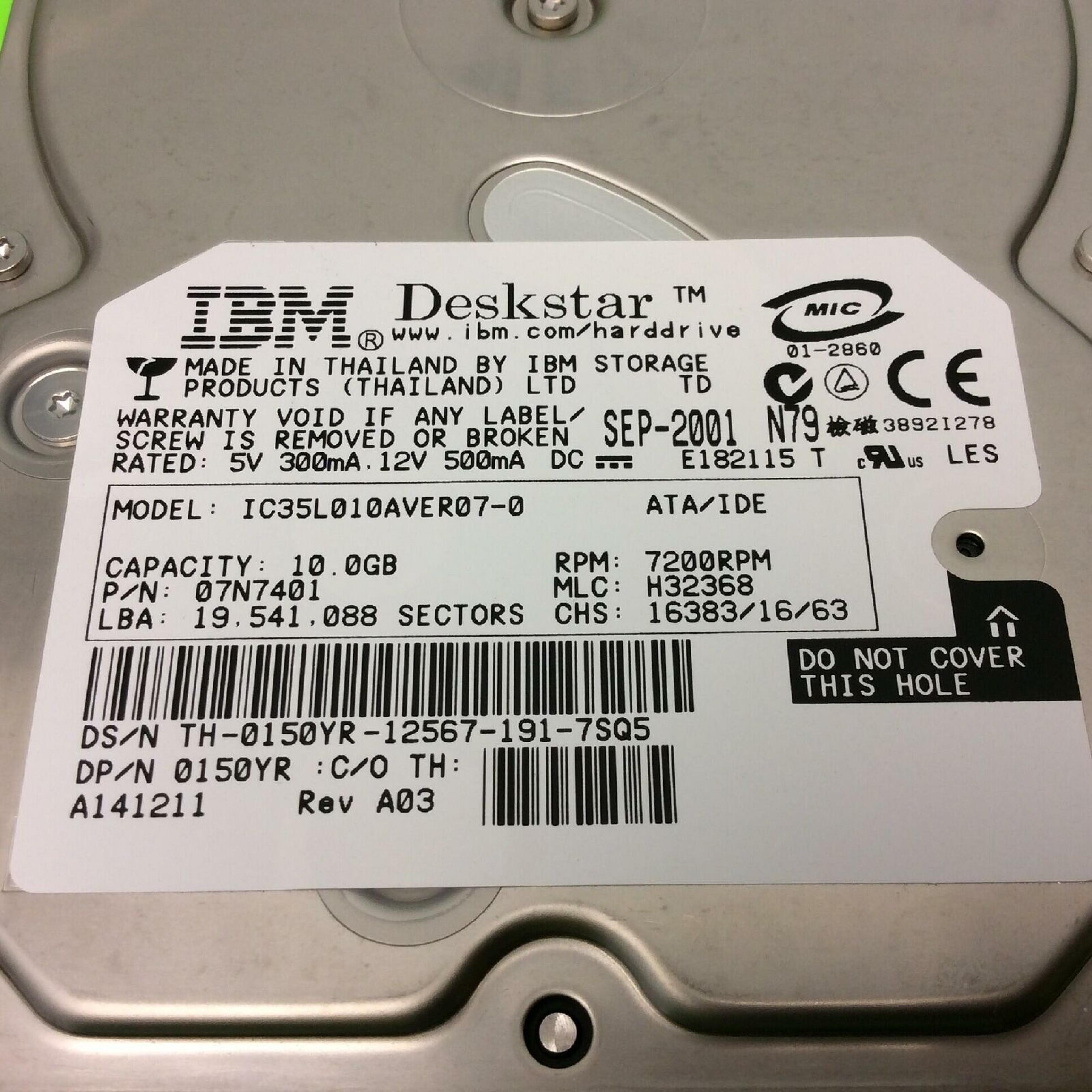 IBM 0150YR DESKSTAR 10GB 7200RPM AT 3.5 INCH HARD DRIVE