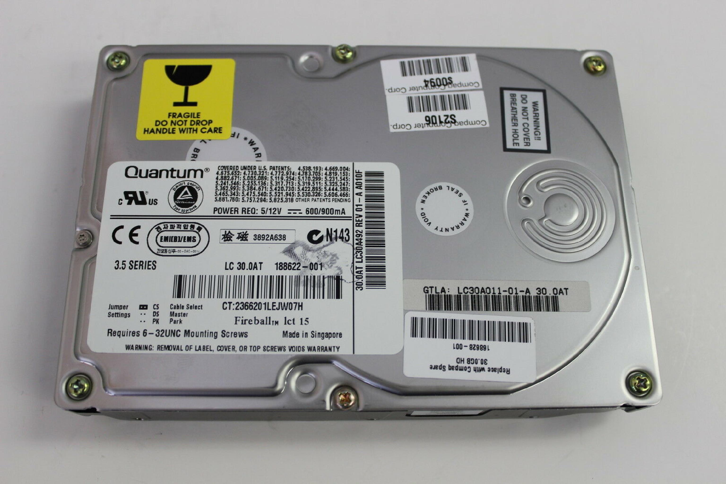 QUANTUM 30.0AT 30GB AT 3.5 INCH HARD DRIVE IDE PSZXX A010F DFPXX