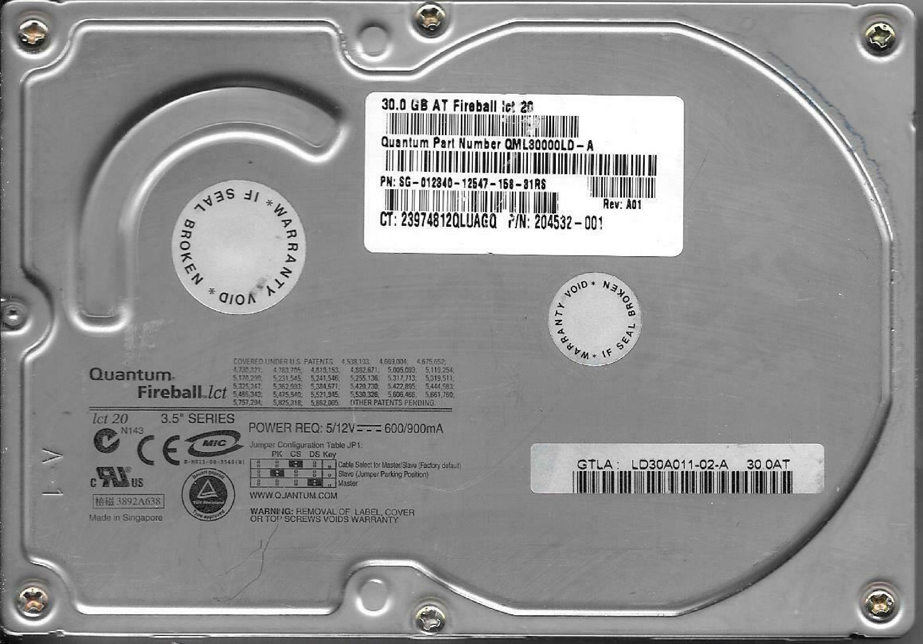 QUANTUM 30.0AT 30GB AT 3.5 INCH HARD DRIVE IDE PSZXX A010F DFPXX