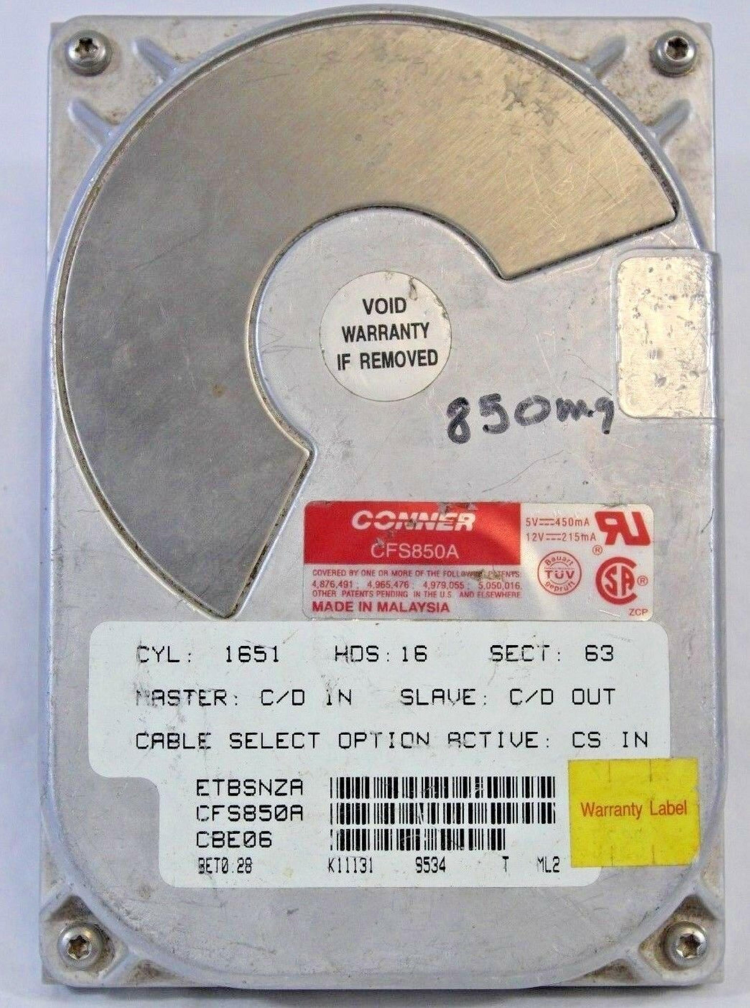 CONNER / SEAGATE CFS850A 8GB AT 3.5 INCH HARD DRIVE