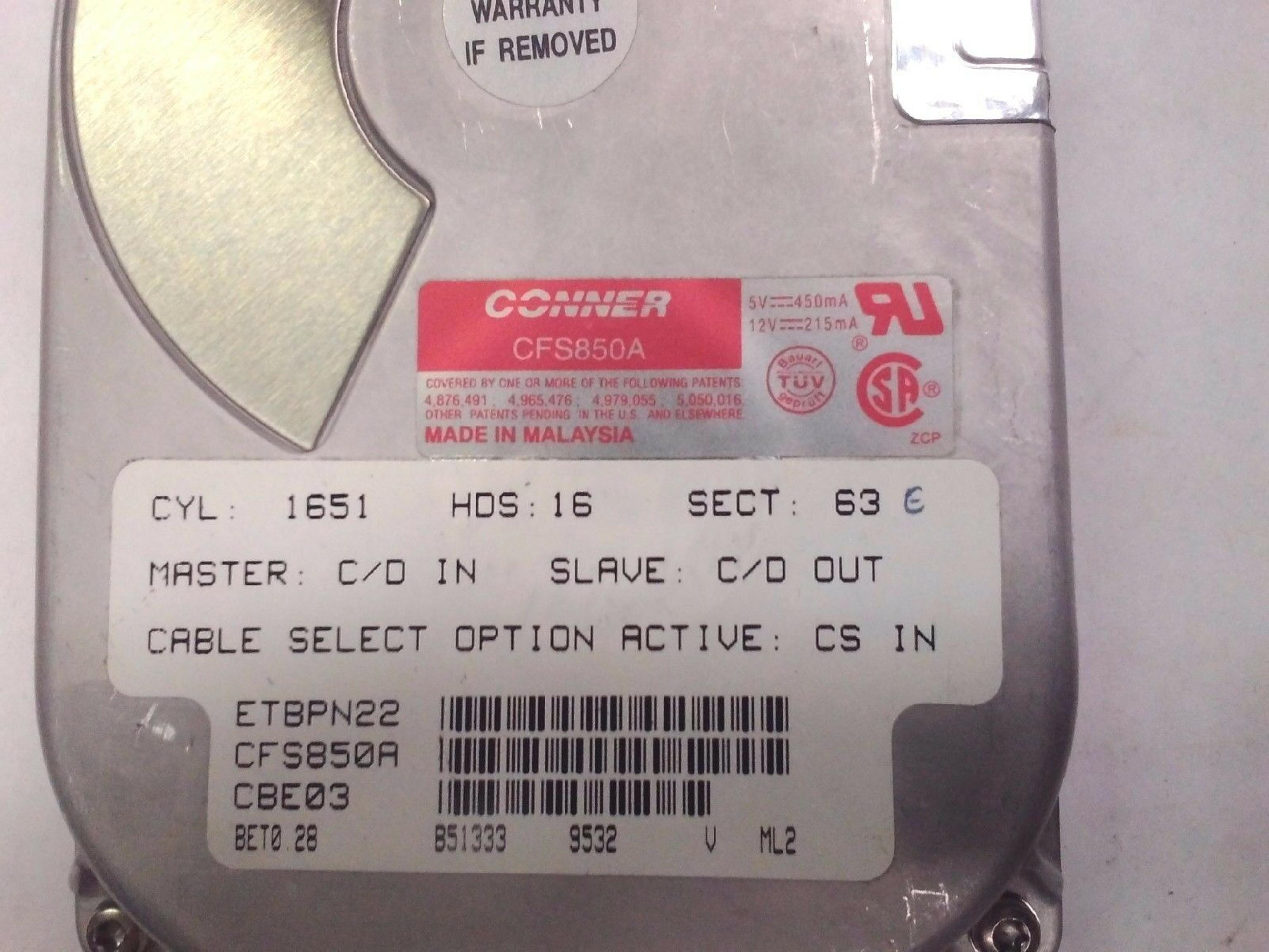 CONNER / SEAGATE CFS850A 8GB AT 3.5 INCH HARD DRIVE