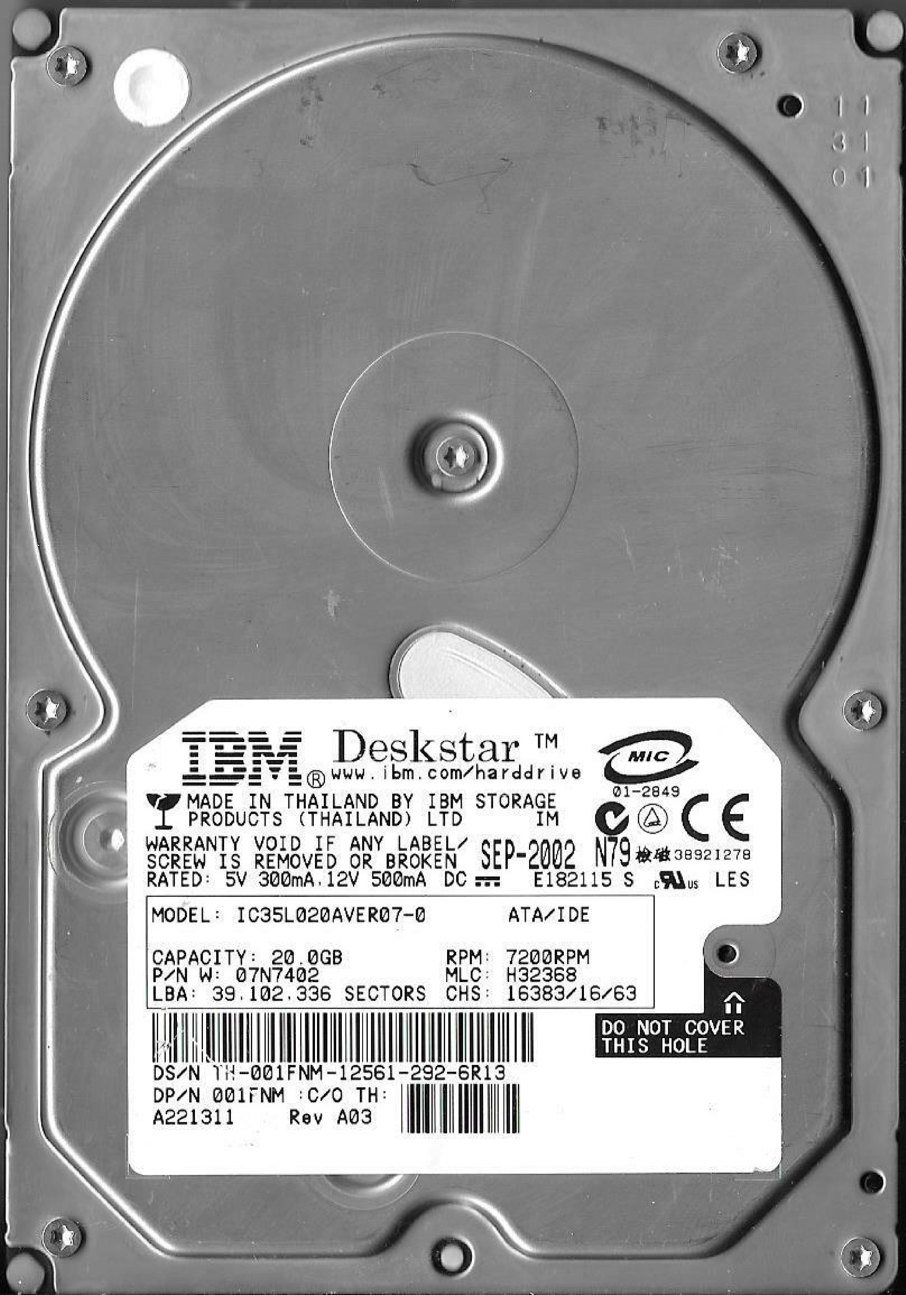 IBM / HITACHI / IBM IC35L020AVER07-0 DESKSTAR 20GB AT 3.5 INCH HARD DRIVE IDE AUG-2001 MLC H32368 LBA 39.102.336 JAN-2002 40.188.960 F/W A45A H32238 DATE SEP-2001 OCT-2001 N79 20.5GB HD FEB-2002