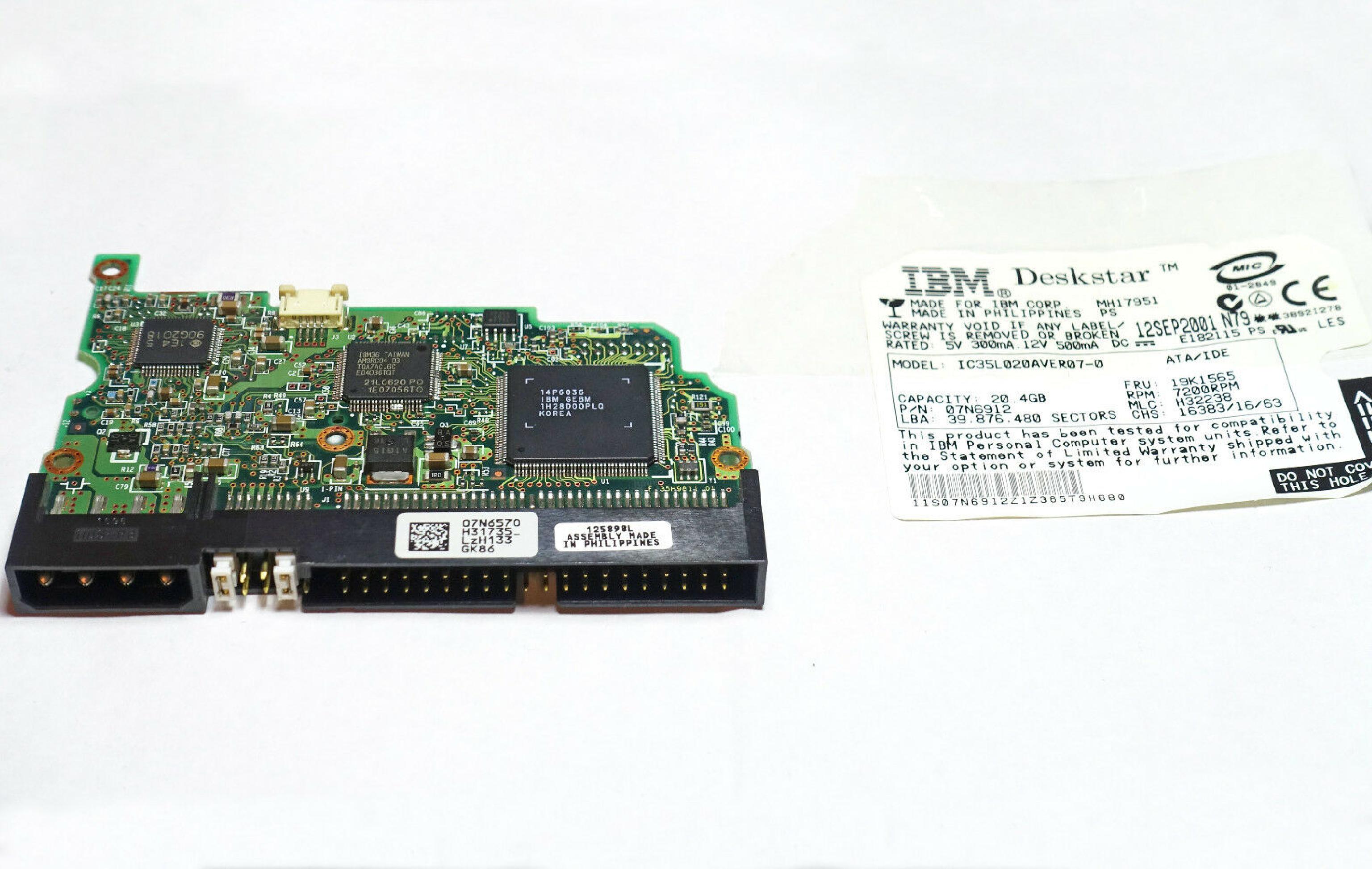 IBM / HITACHI / IBM IC35L020AVER07-0 DESKSTAR 20GB AT 3.5 INCH HARD DRIVE IDE AUG-2001 MLC H32368 LBA 39.102.336 JAN-2002 40.188.960 F/W A45A H32238 DATE SEP-2001 OCT-2001 N79 20.5GB HD FEB-2002