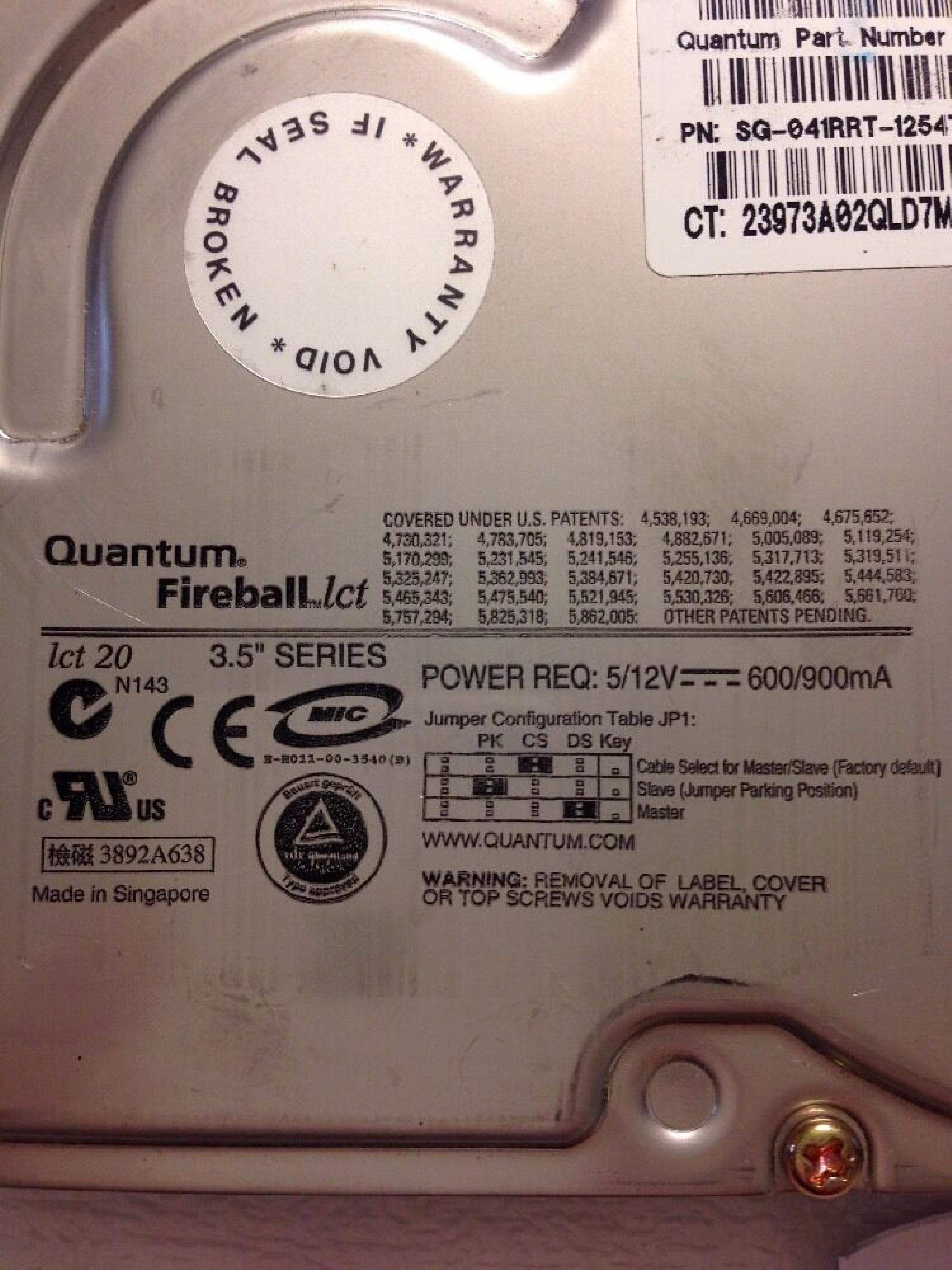 QUANTUM QML20000LD-A 20.4GB FIREBALL LCT AT 3.5 INCH HARD DRIVE 20GB IDE REV A00 LBA 39876480 DATE 18 DEC 2000 FW APL09