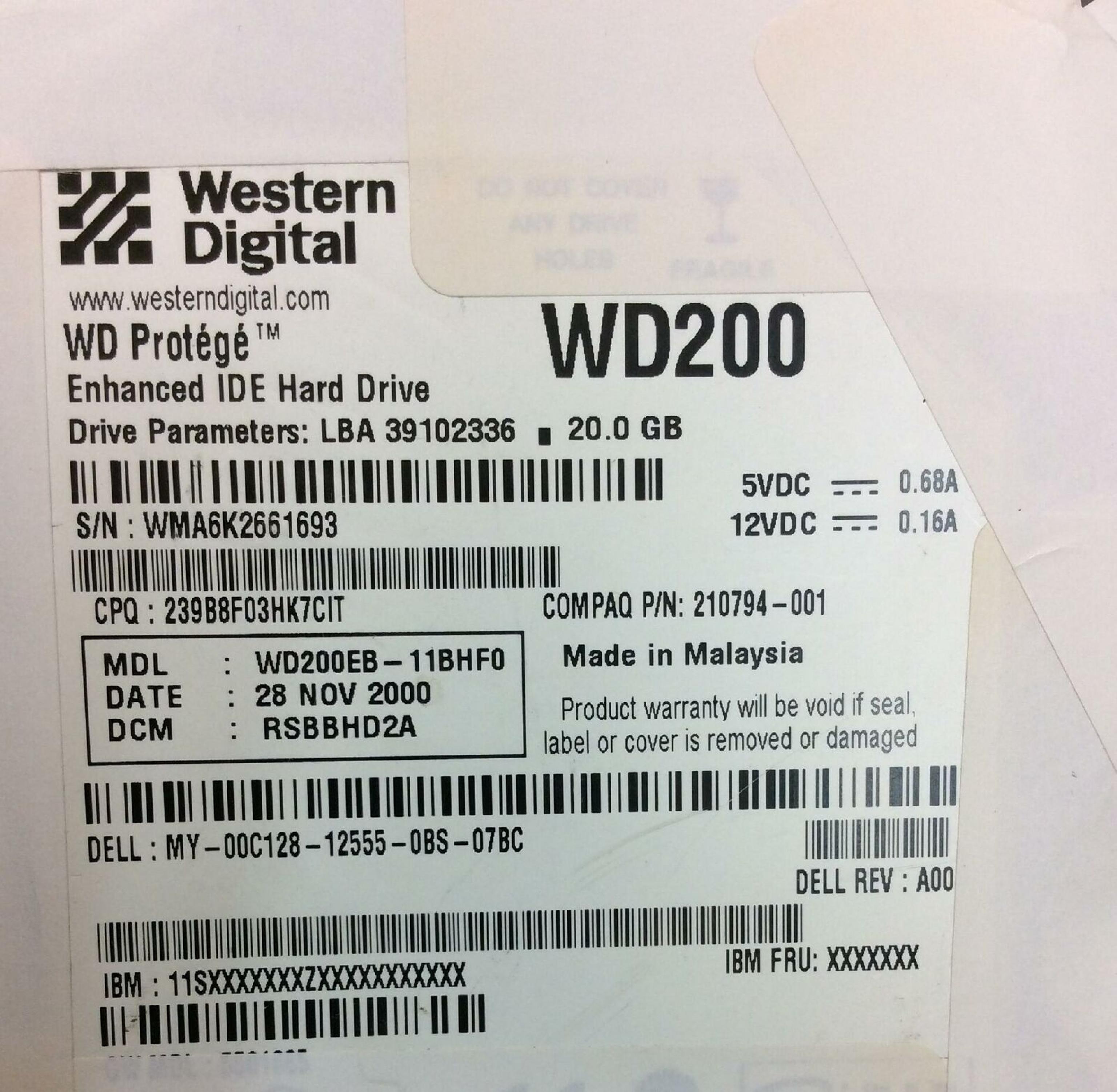 WESTERN DIGITAL / COMPAQ / HEWLETT PACKARD / HP / WD 210794-001 PROTEGE 20.0GB AT 3.5 INCH HARD DRIVE 20GB IDE LBA 39102336 DCM DSBBHV2A REV: A00