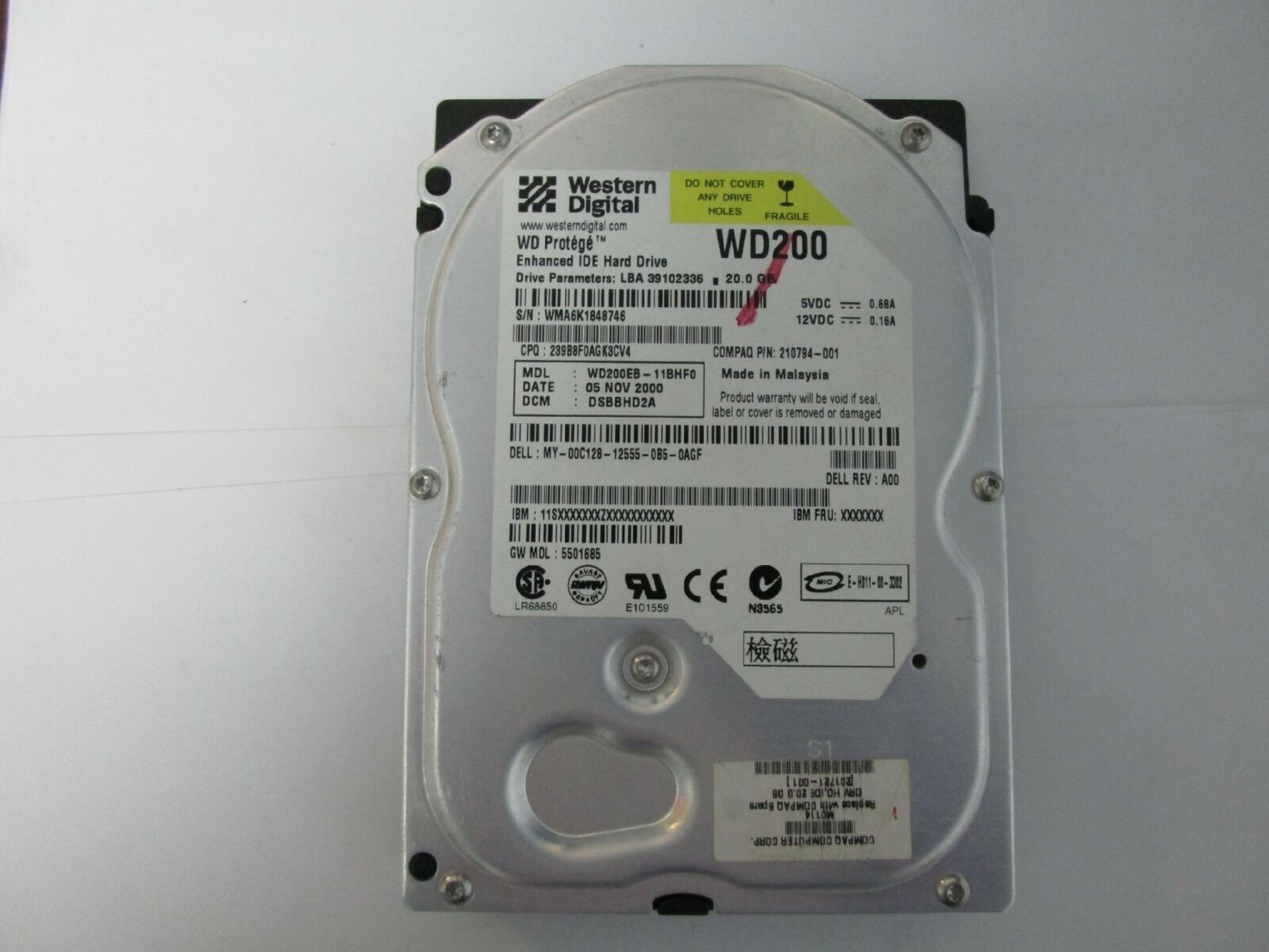 WESTERN DIGITAL / COMPAQ / HEWLETT PACKARD / HP / WD 210794-001 PROTEGE 20.0GB AT 3.5 INCH HARD DRIVE 20GB IDE LBA 39102336 DCM DSBBHV2A REV: A00