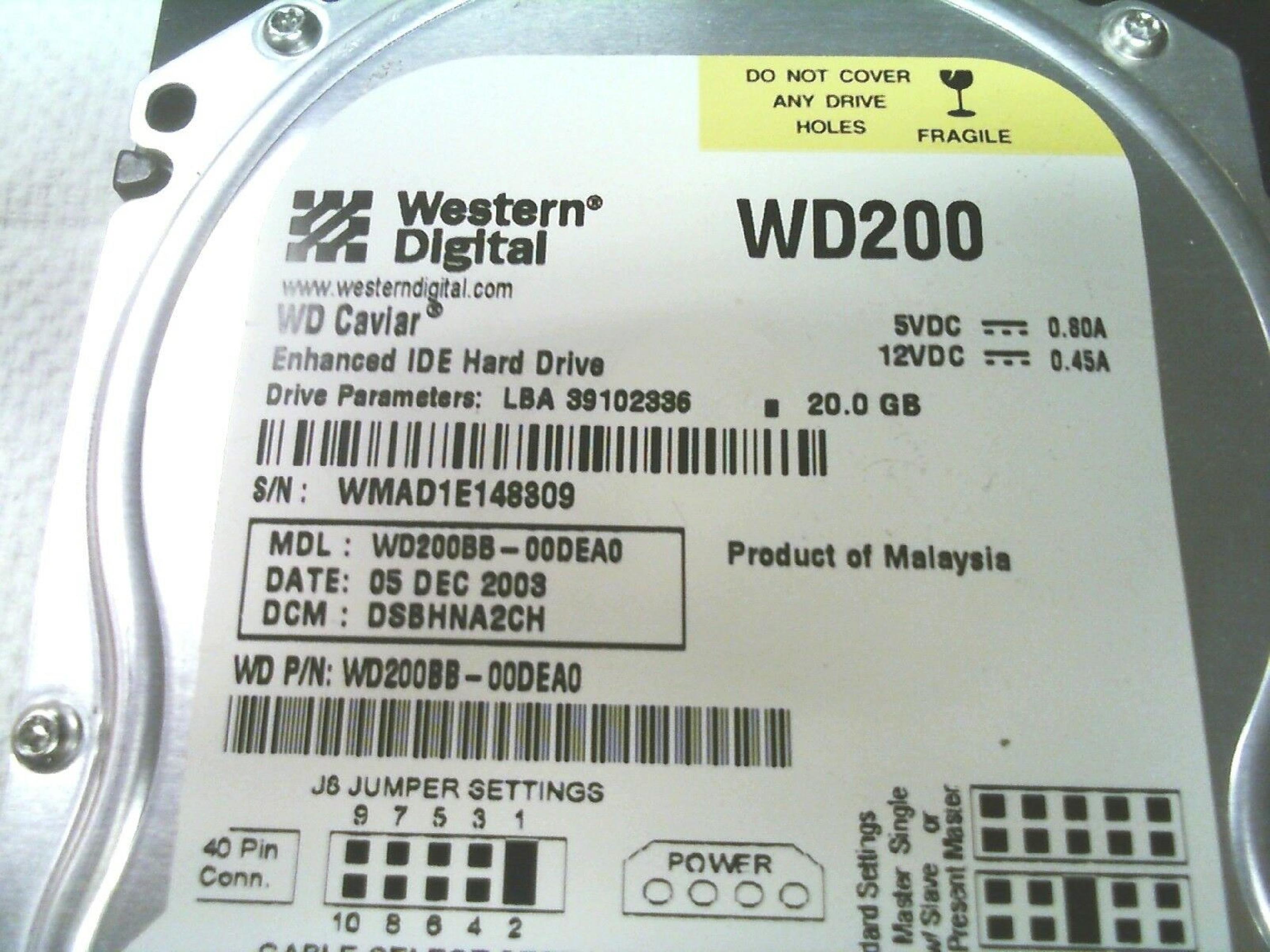 WESTERN DIGITAL / WD WD200BB-00DEA0 CAVIAR 20.0GB AT 3.5 INCH HARD DRIVE 20GB IDE LBA 39102336 DCM HSBANA2AA DATE 31 JAN 2003