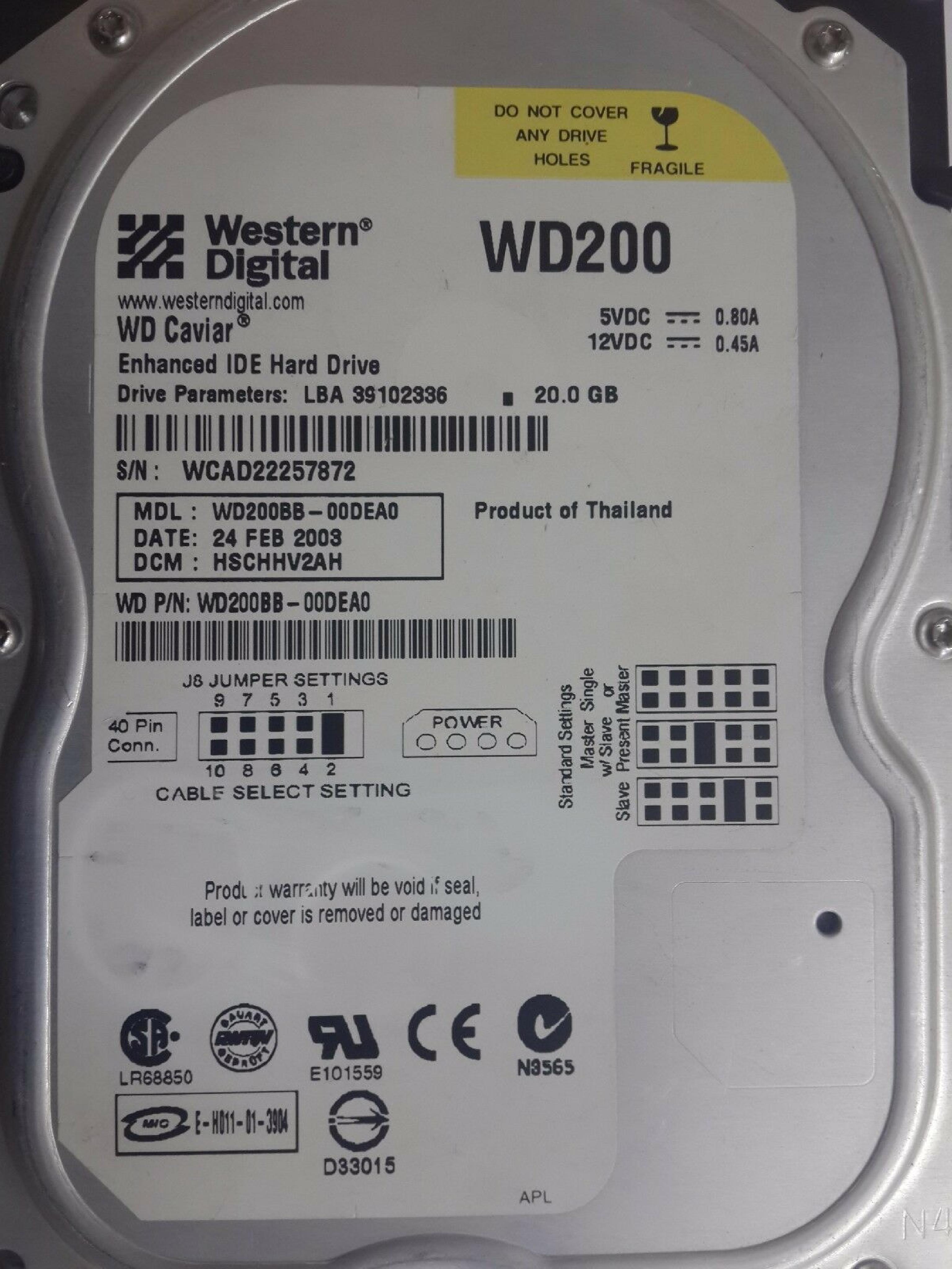 WESTERN DIGITAL / WD WD200BB-00DEA0 CAVIAR 20.0GB AT 3.5 INCH HARD DRIVE 20GB IDE LBA 39102336 DCM HSBANA2AA DATE 31 JAN 2003