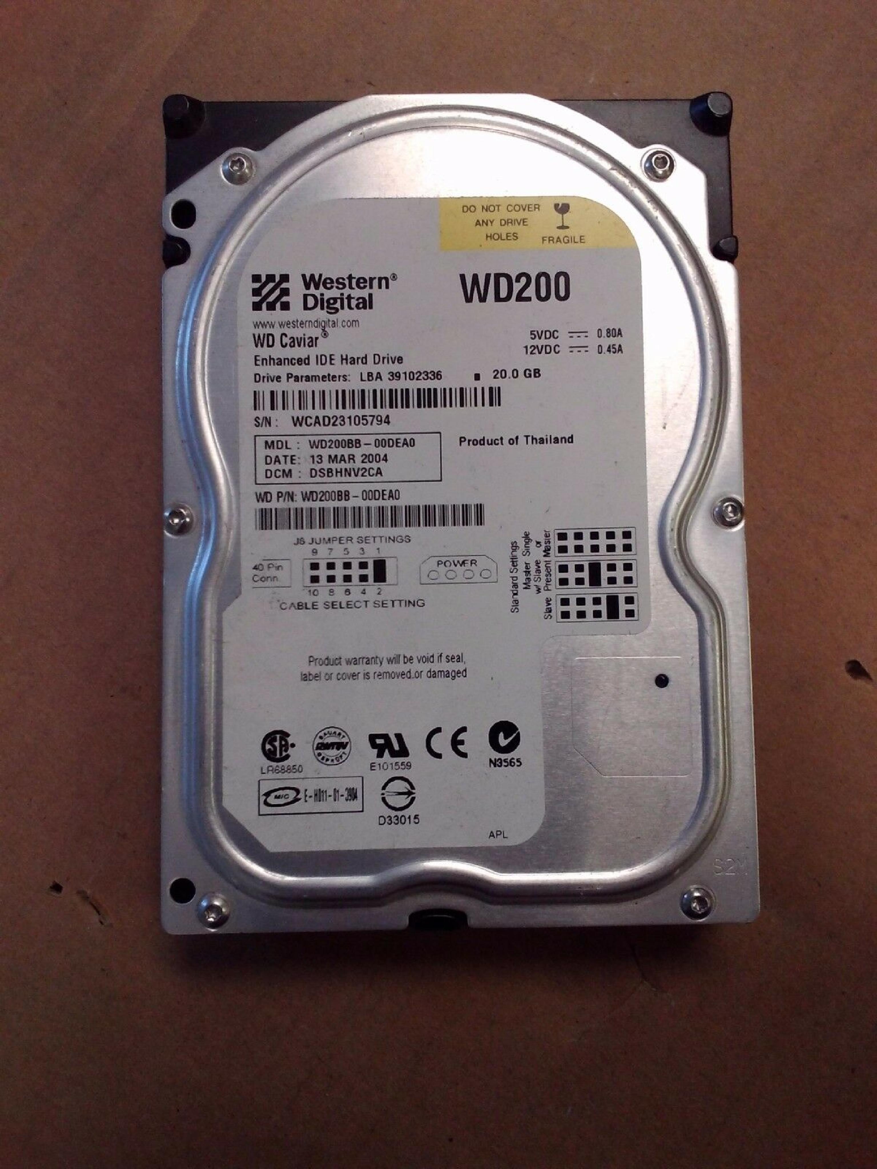 WESTERN DIGITAL / WD WD200BB-00DEA0 CAVIAR 20.0GB AT 3.5 INCH HARD DRIVE 20GB IDE LBA 39102336 DCM HSBANA2AA DATE 31 JAN 2003