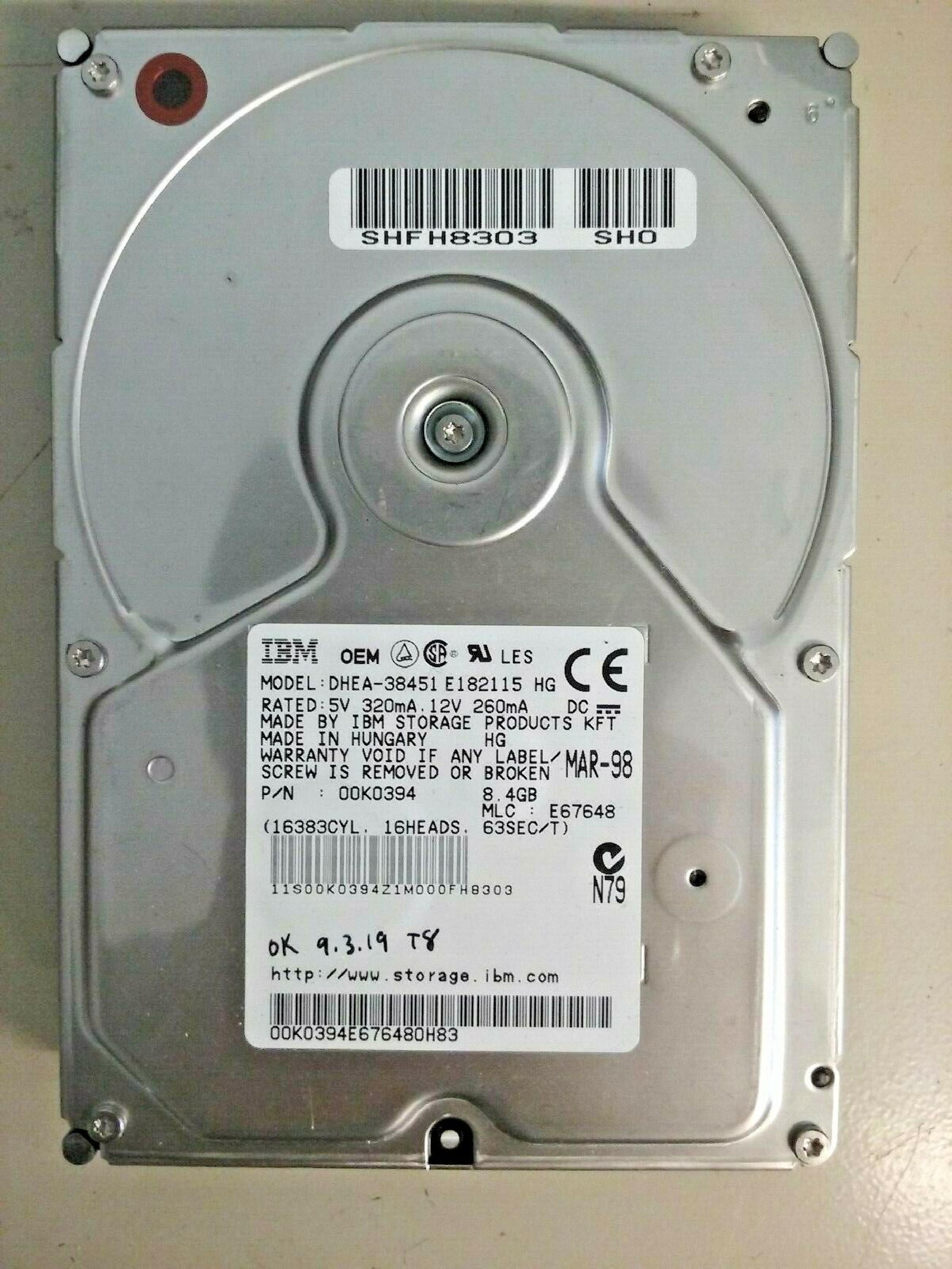 IBM DHEA-38451 8450MB AT 3.5 INCH HARD DRIVE 8.4GB IDE MLC E67648 MAY-98