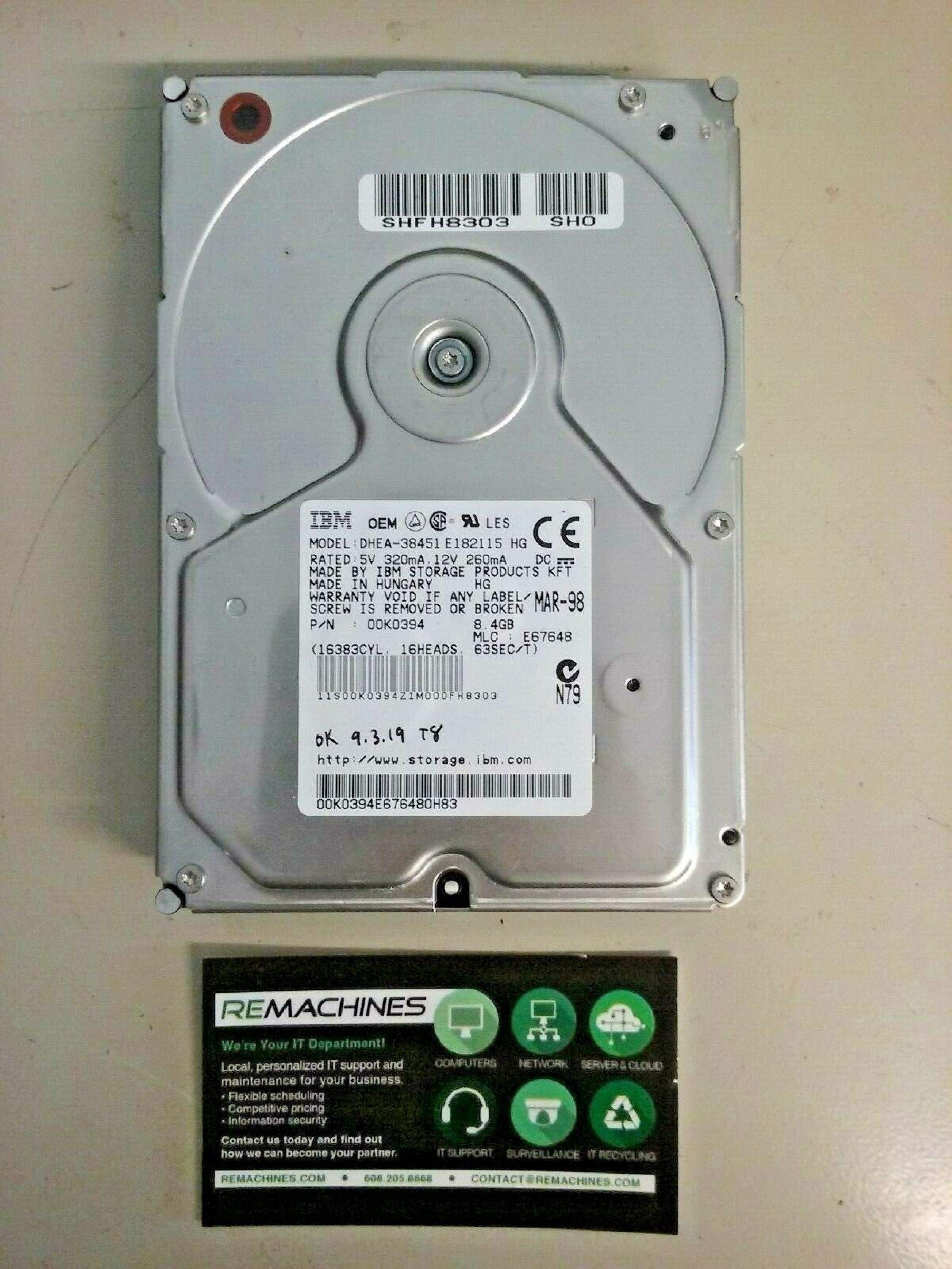 IBM DHEA-38451 8450MB AT 3.5 INCH HARD DRIVE 8.4GB IDE MLC E67648 MAY-98