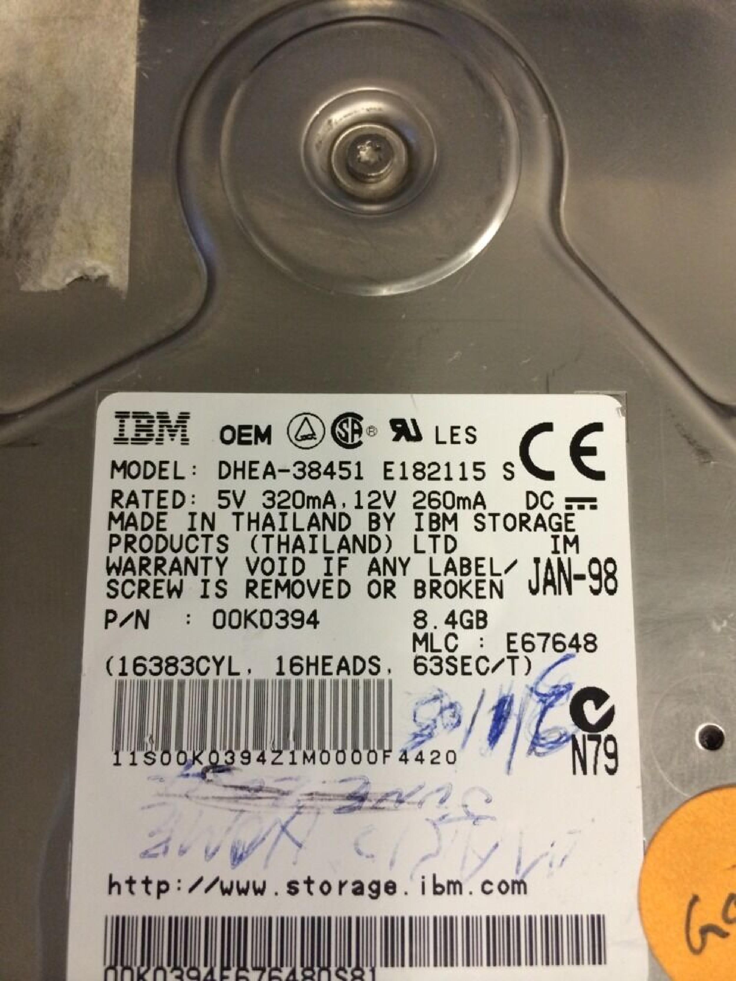 IBM DHEA-38451 8450MB AT 3.5 INCH HARD DRIVE 8.4GB IDE MLC E67648 MAY-98