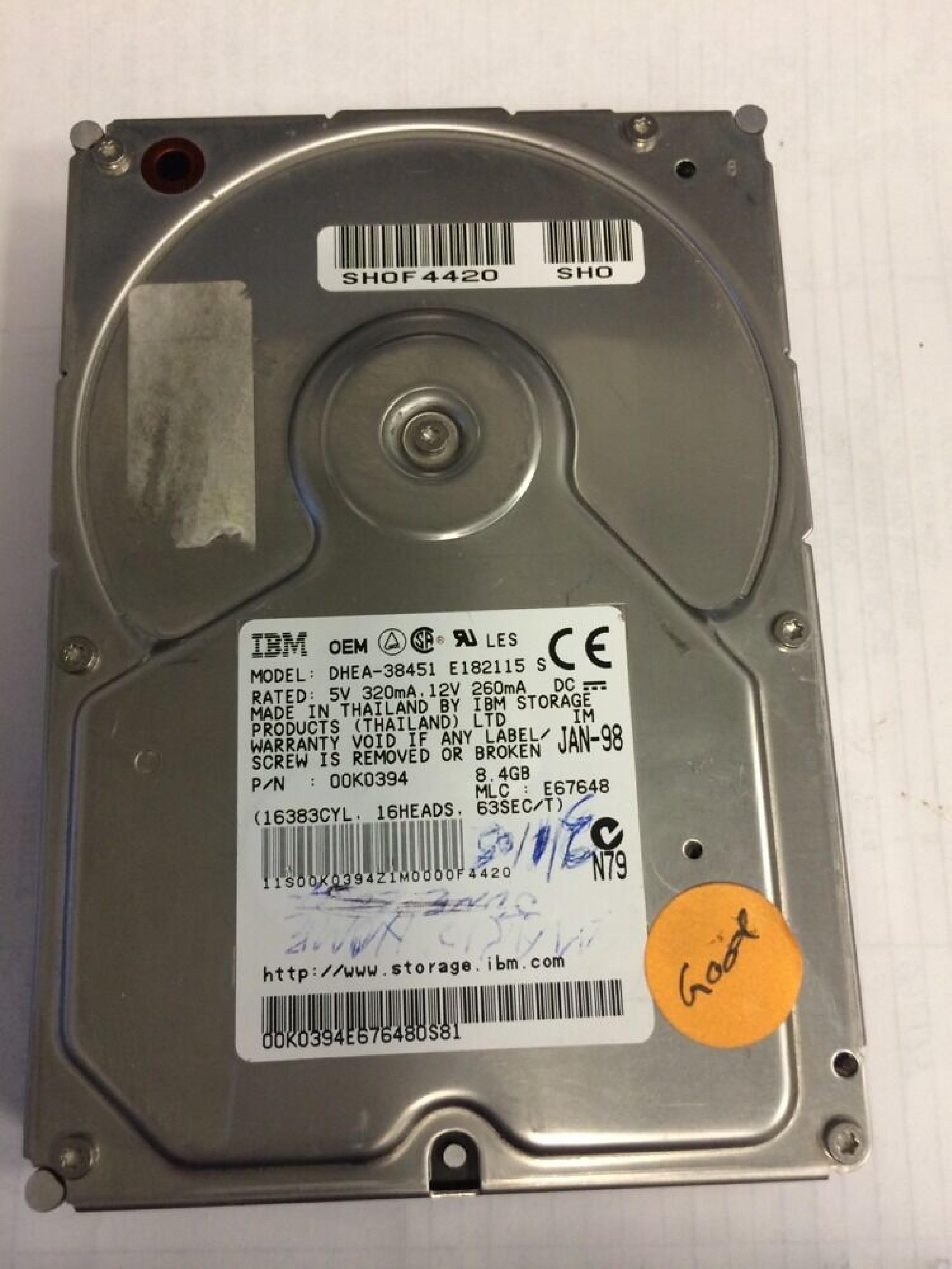 IBM DHEA-38451 8450MB AT 3.5 INCH HARD DRIVE 8.4GB IDE MLC E67648 MAY-98