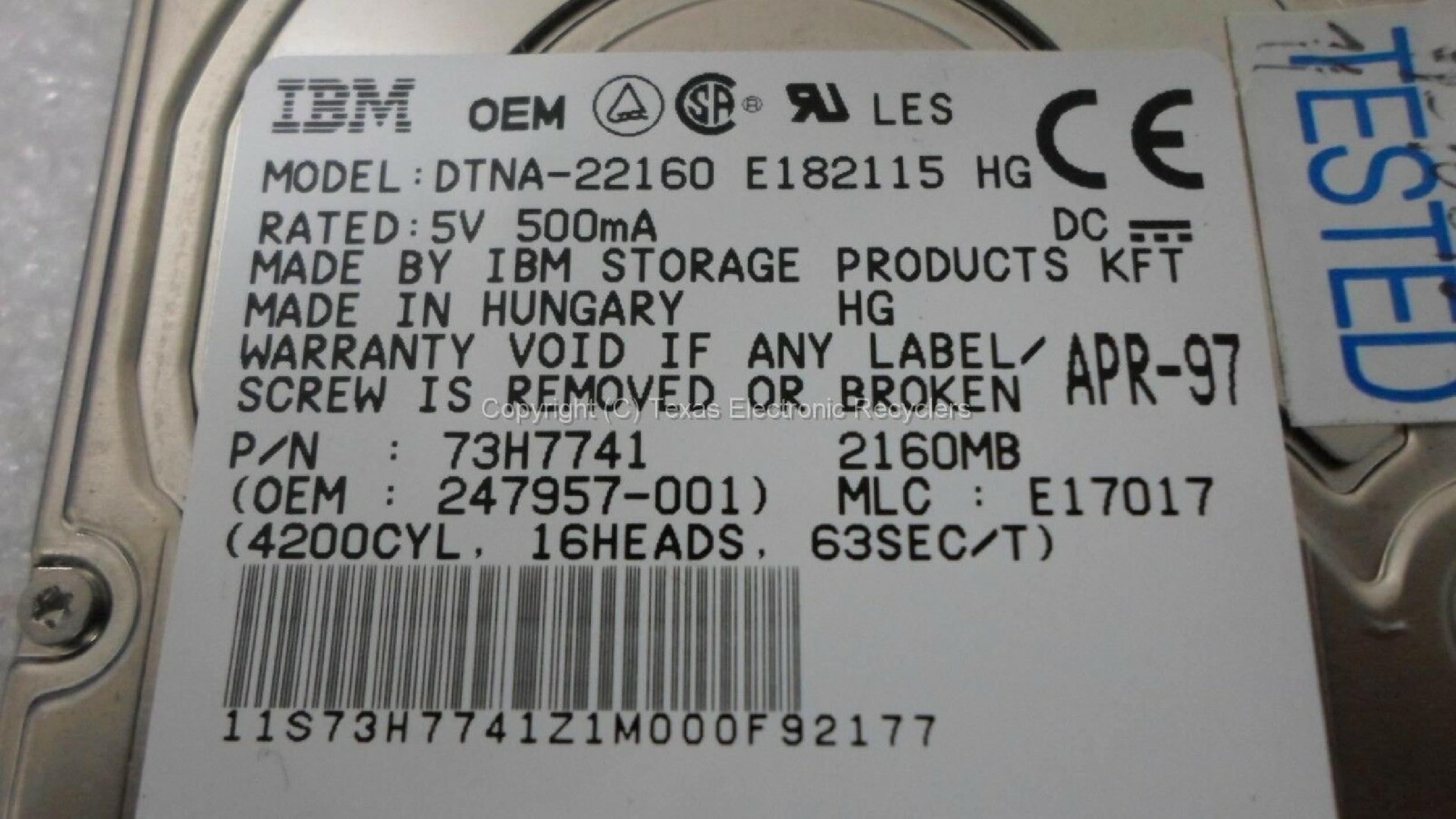 IBM DTNA-22160 2160MB AT 2.5 INCH HARD DRIVE 2.1GB NOTEBOOK