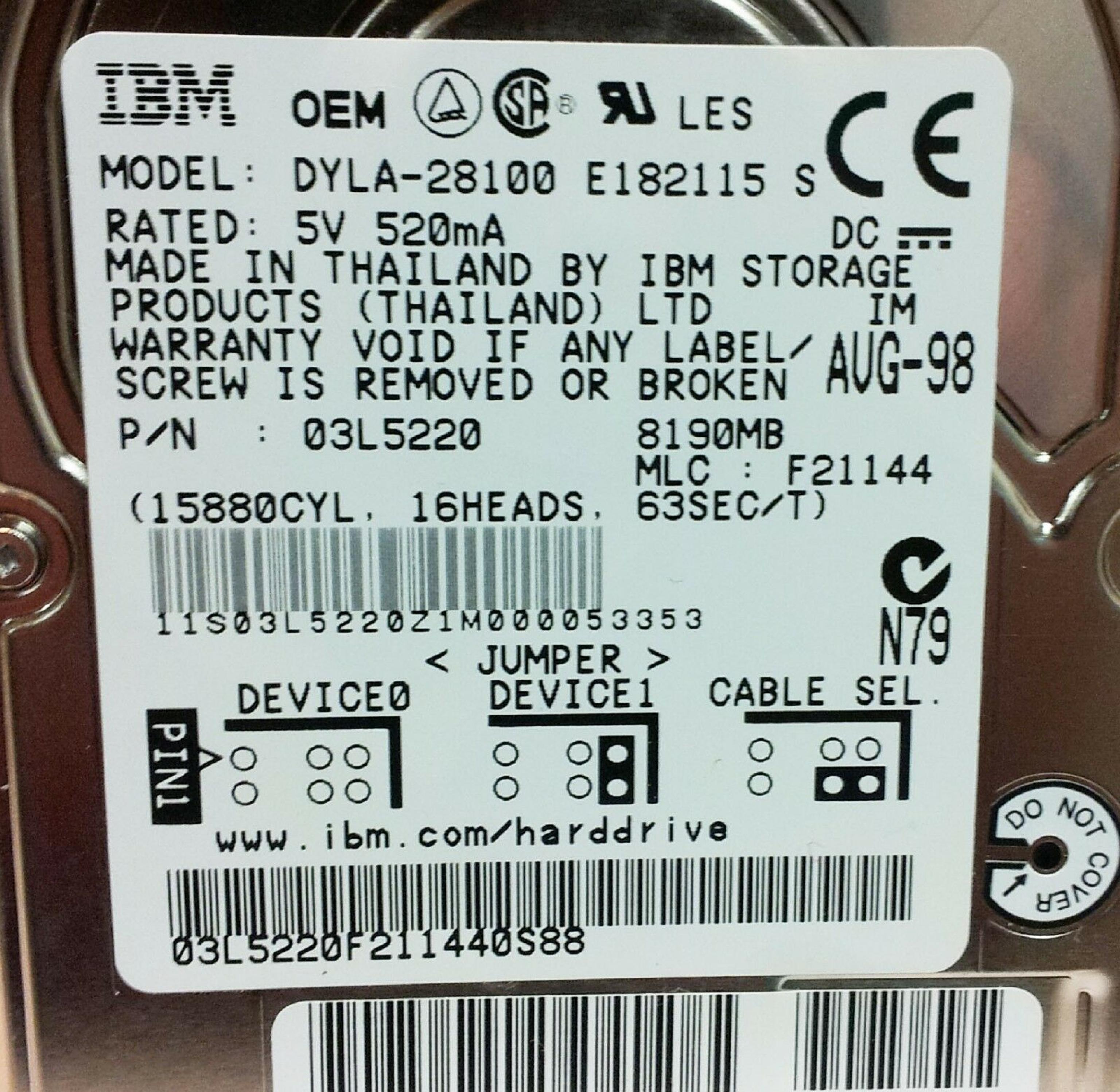 IBM DYLA-28100 TRAVELSTAR 8.19GB 4900RPM AT 2.5 INCH HARD DRIVE