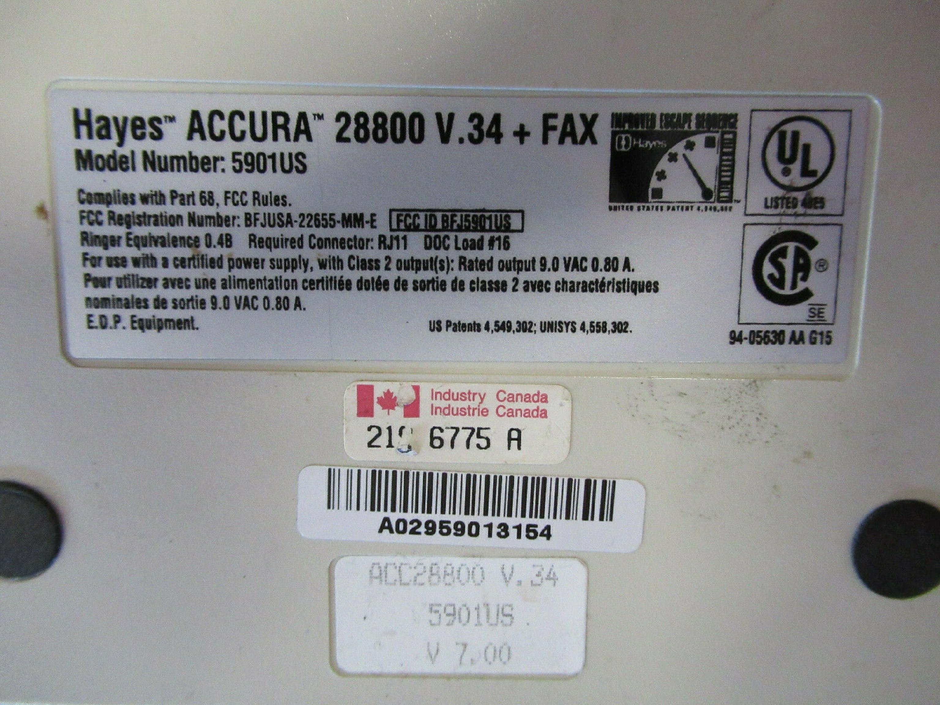 HAYES 5901US ACCURA 288 FAX MODEM V.34 +