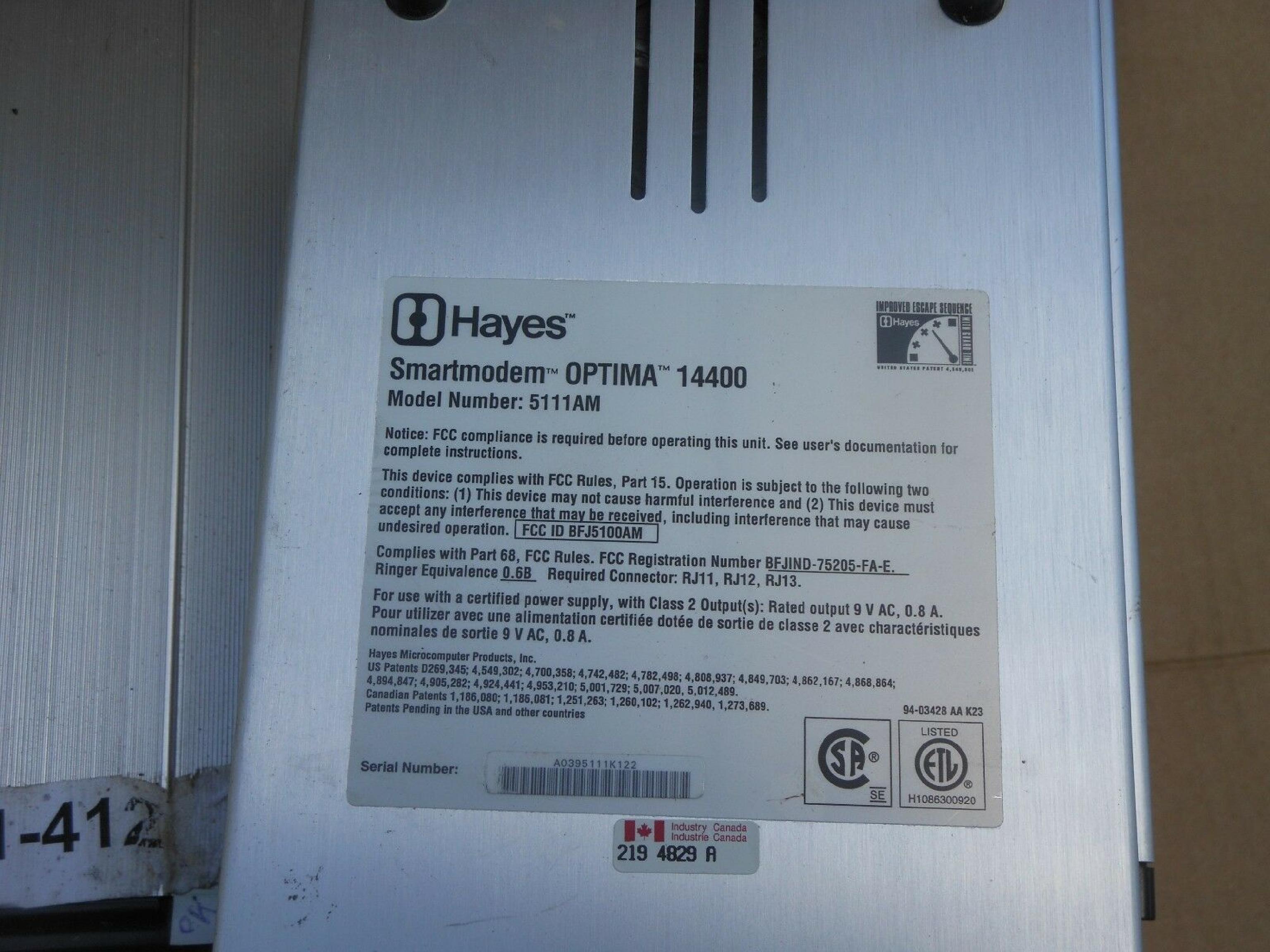 HAYES 5111AM OPTIMA 144 V.32BIS SMARTMODEM OPTIMA 14400