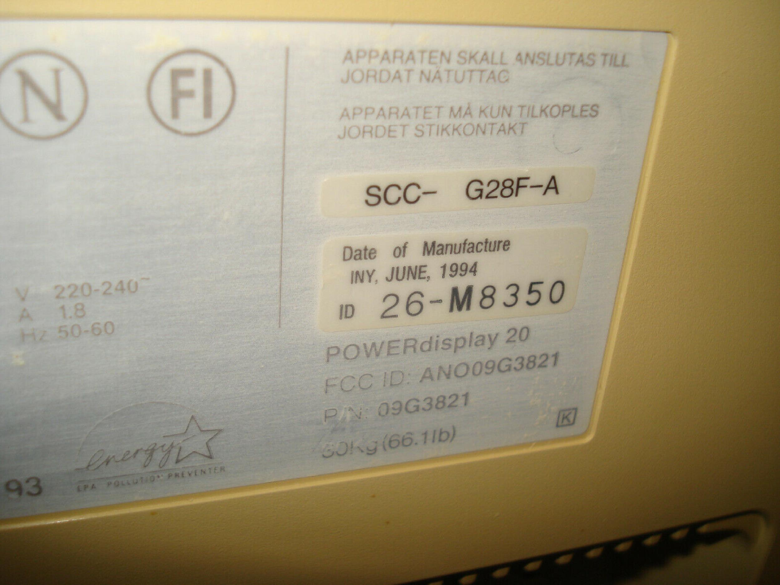 IBM 09G3821 VGA POWER DISPLAY 20, TESTED-DIM, CLEAR PICTURE GOOD PICTURE, YELLOWED CASE SMALL CRACK