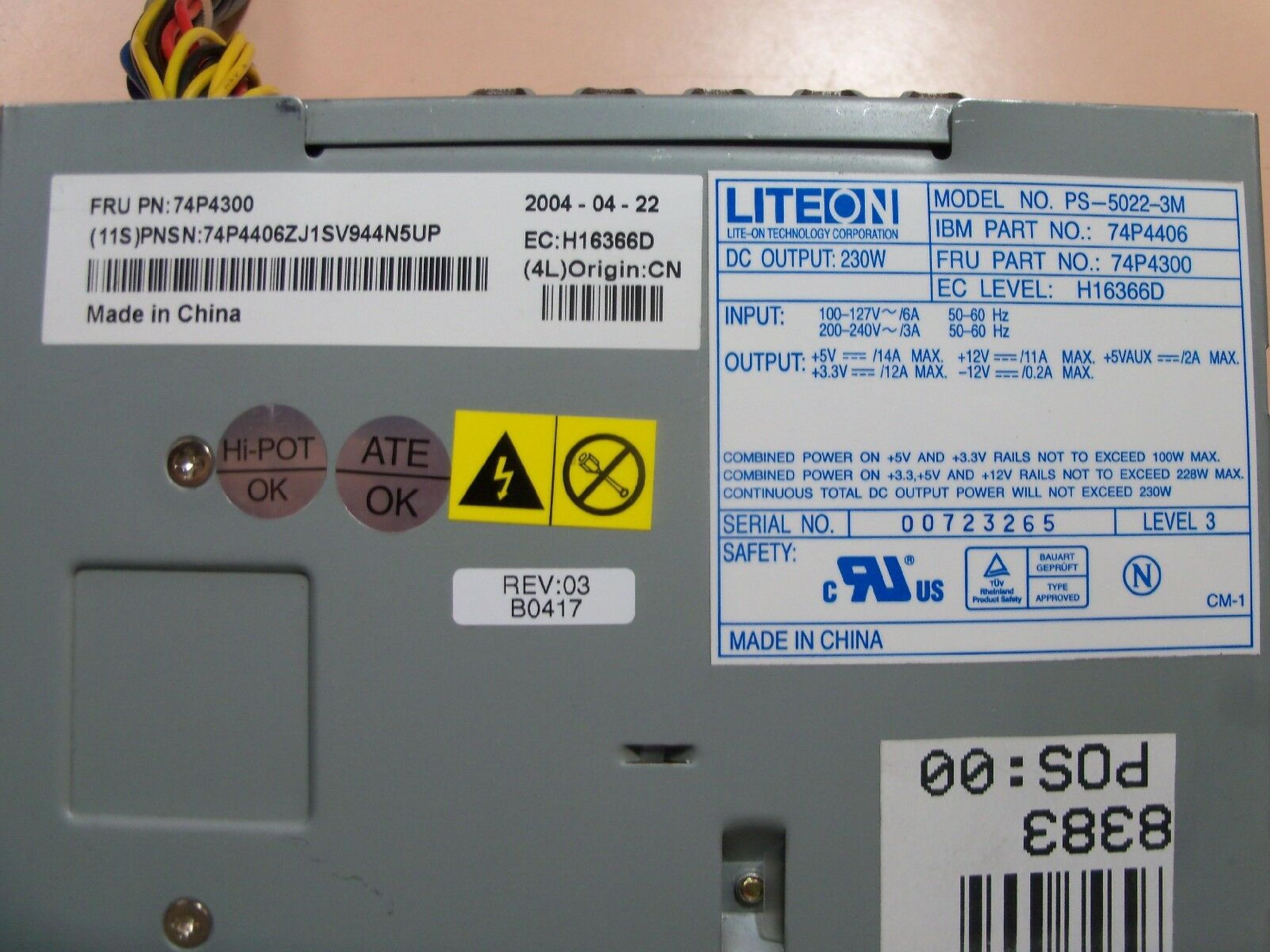 LITEON PS-5022-3M 230 WATT ATX POWER SUPPLY WITH SATA POWER