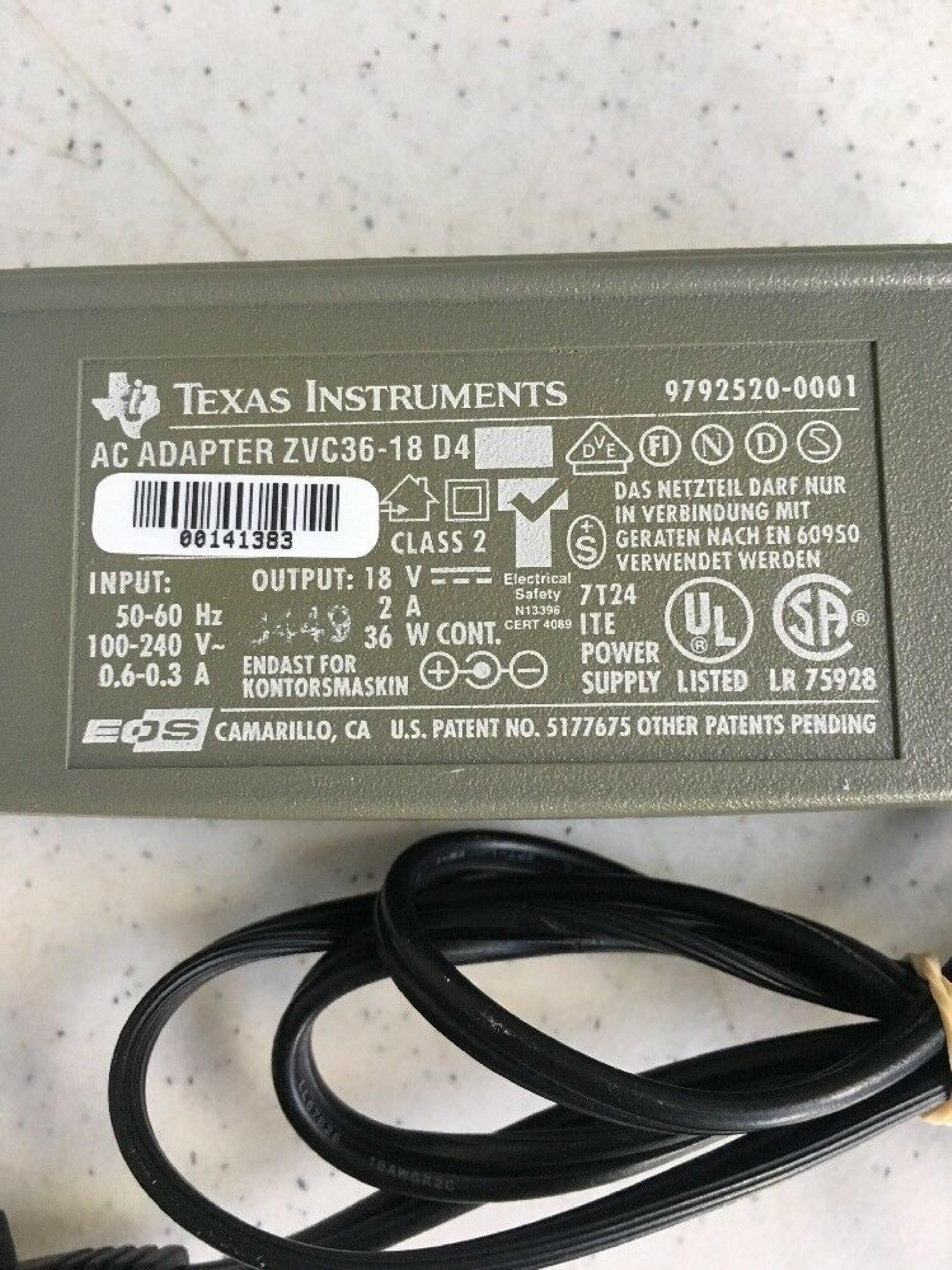 TEXAS INSTRUMENTS / TI ZVC36-18 D4 AC ADAPTER 18V 2A