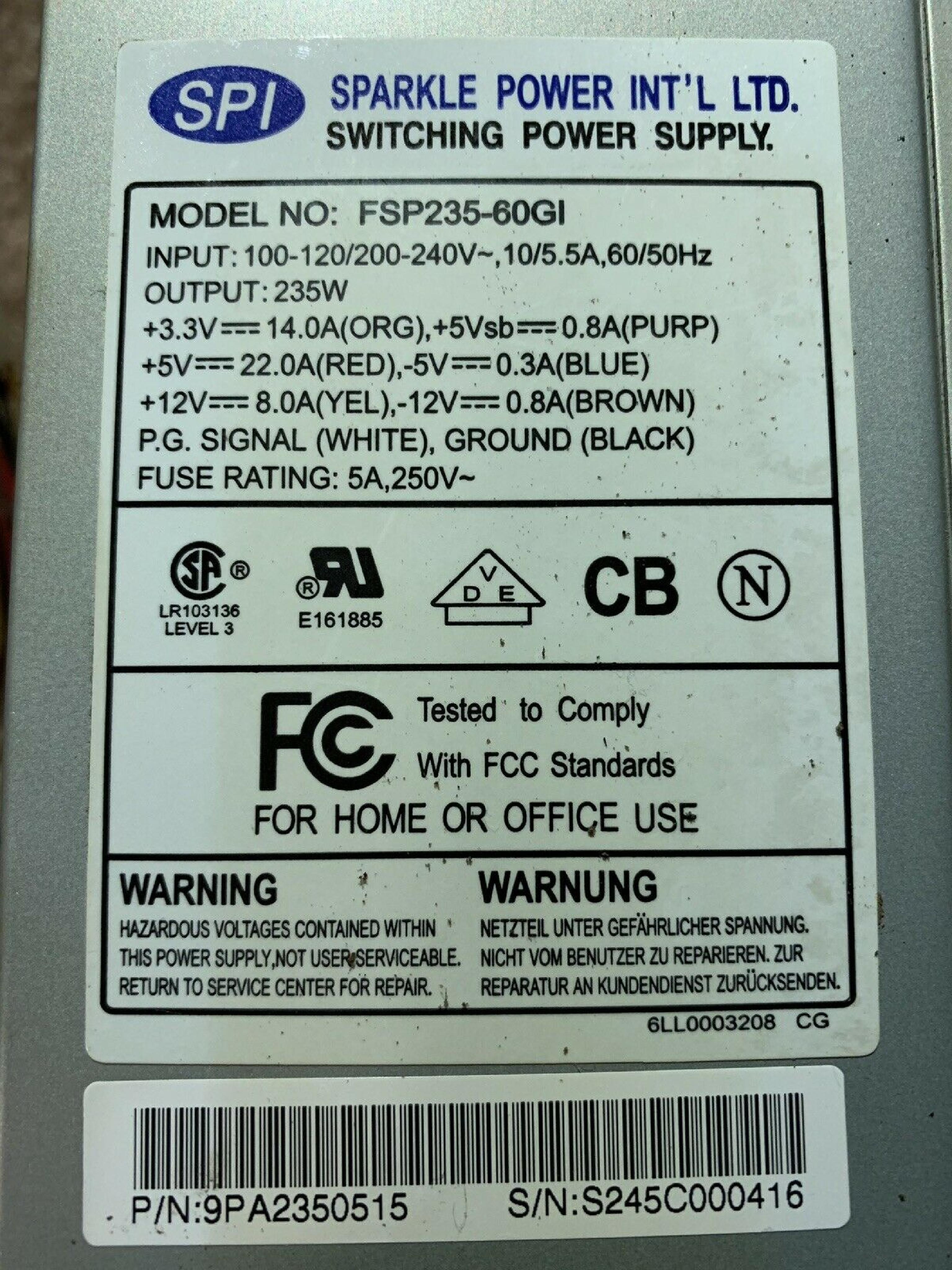 FSP GROUP / SPARKLE POWER INTL LTD / POWER MAN / YATE LOON FSP235-60GI CLONE 235 WATT POWER SUPPLY ATX AND SWITCH STYLE 235W 20 PIN