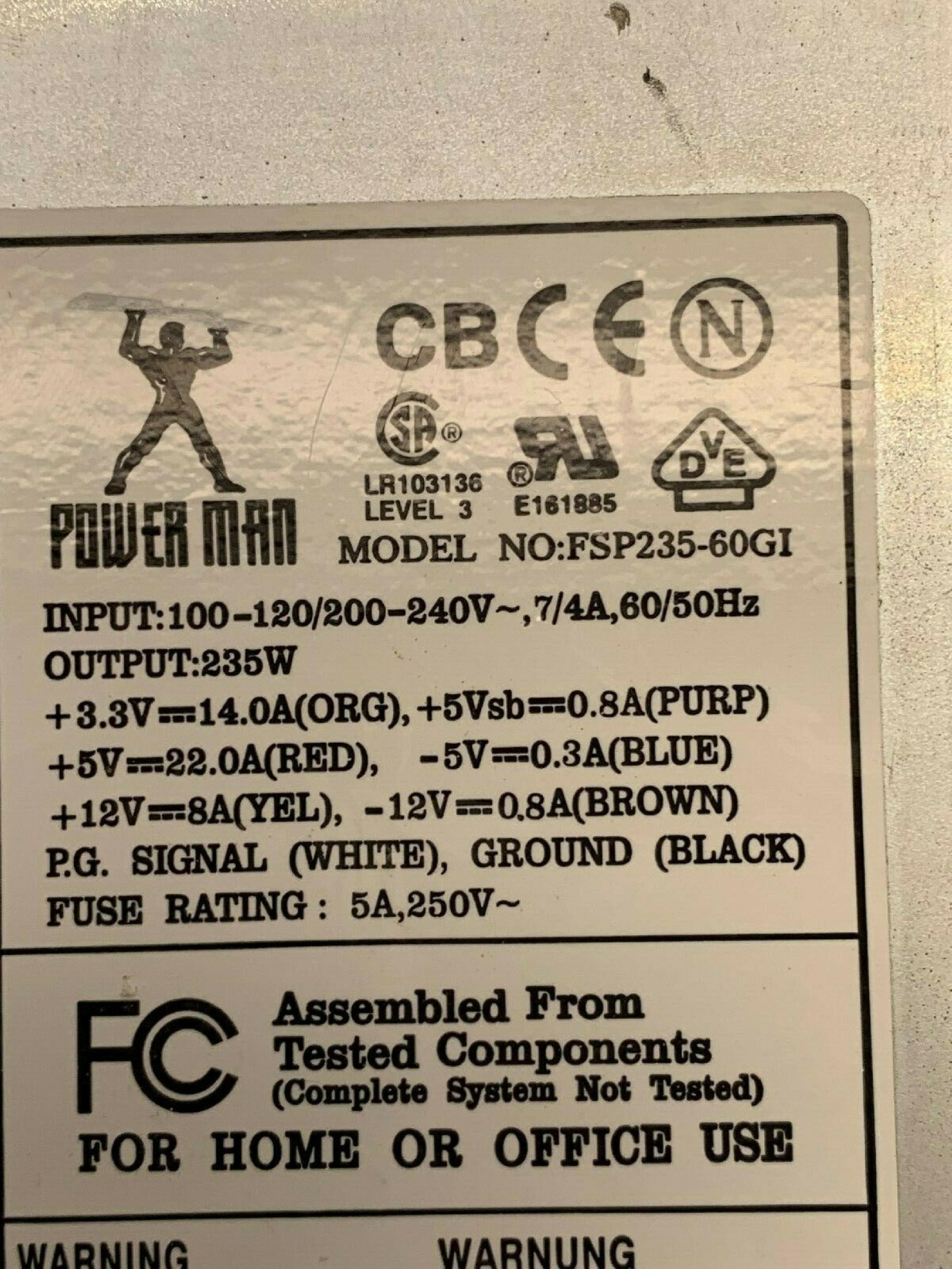 FSP GROUP / SPARKLE POWER INTL LTD / POWER MAN / YATE LOON FSP235-60GI CLONE 235 WATT POWER SUPPLY ATX AND SWITCH STYLE 235W 20 PIN