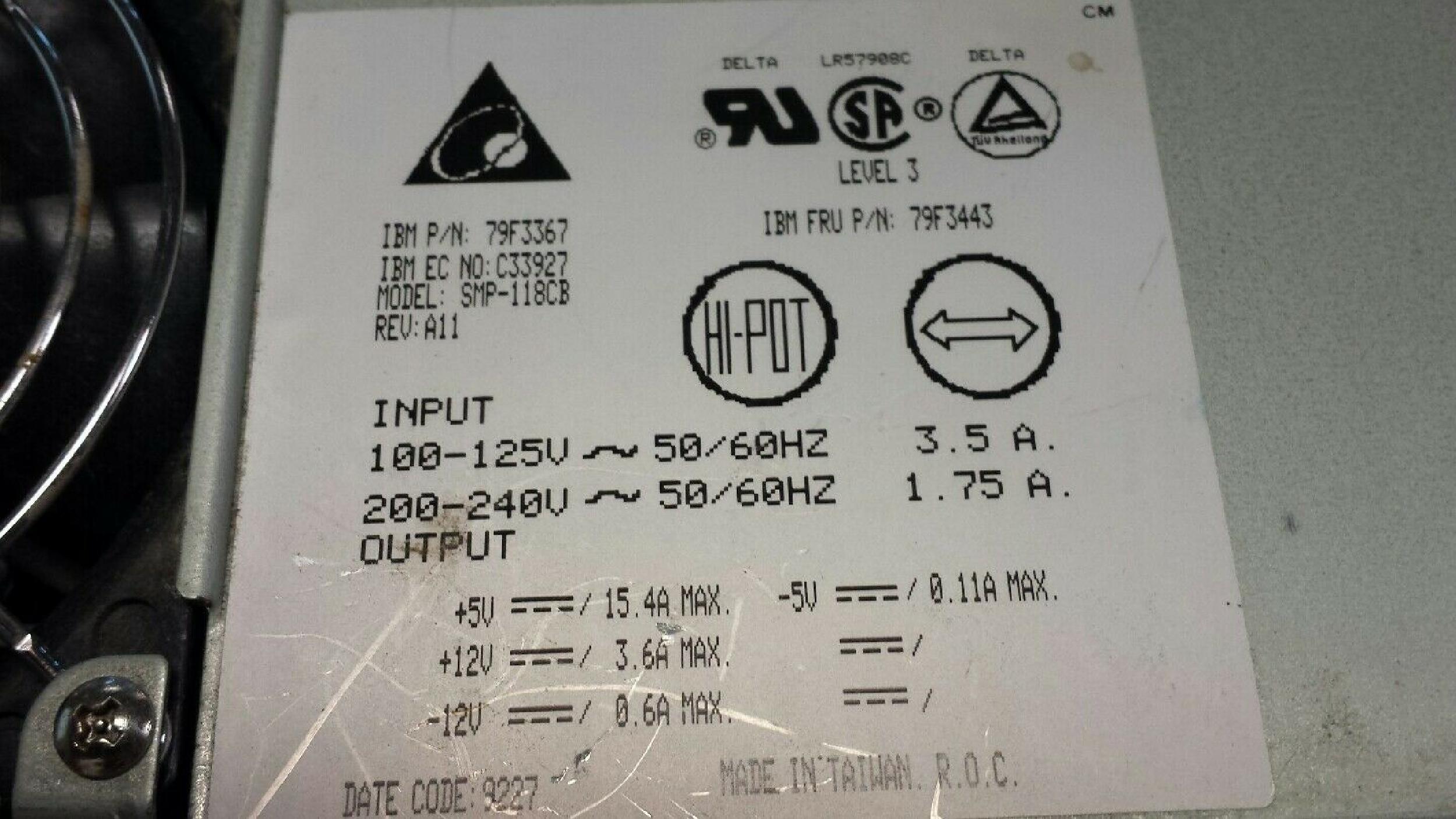 IBM SMP-118CB POWER SUPPLY PULLED FROM 9556-KBA 9556-OBA