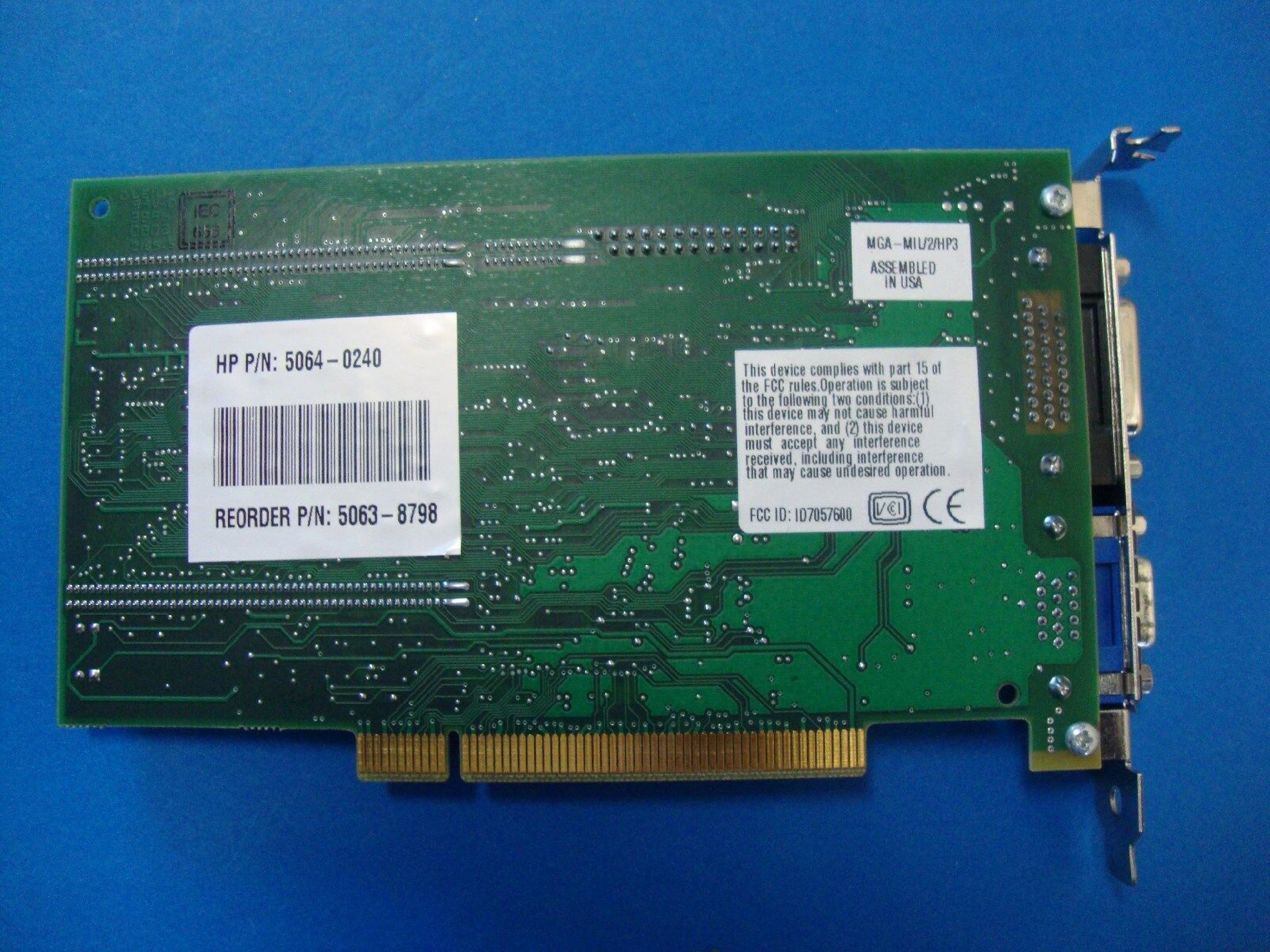 HEWLETT PACKARD / HP / MAXTOR / MATROX 5063-8798 PCI VIDEO CARD UPGRADABLE 5063-8777 5063-8798 P/N 5064-0240 - MGA-MIL/2/HP3 2MB WITH VGA AND A/V OUTPUTS