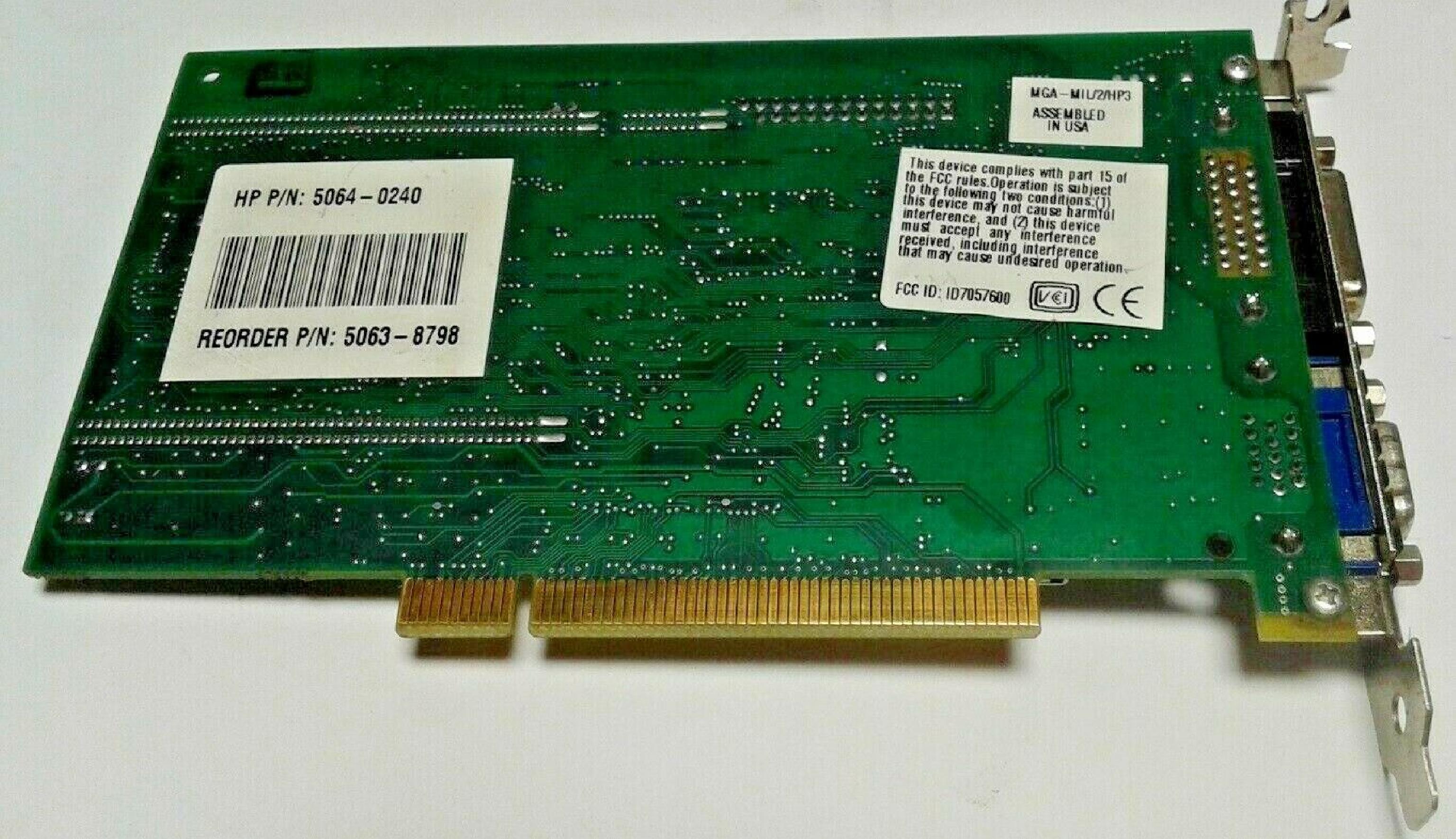 HEWLETT PACKARD / HP / MAXTOR / MATROX 5063-8798 PCI VIDEO CARD UPGRADABLE 5063-8777 5063-8798 P/N 5064-0240 - MGA-MIL/2/HP3 2MB WITH VGA AND A/V OUTPUTS