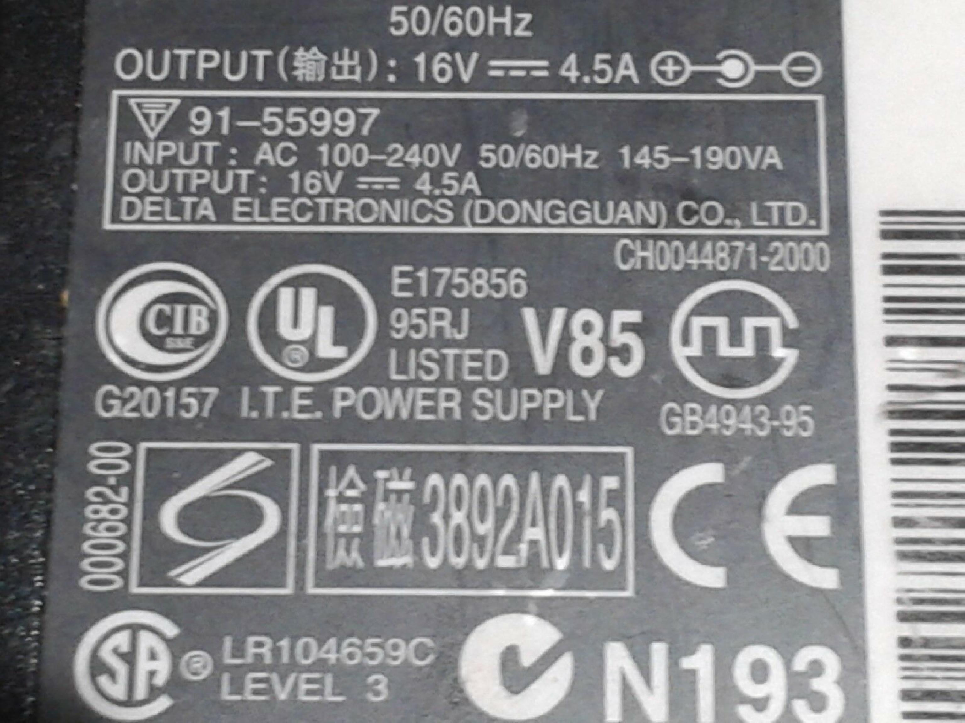 ACER / SONY / IBM 91-55997 19 VOLT 3.16 AMP AC ADAPTER 16VDC 3.75A, 6FT CABLE, BARREL CONNECTOR WITH SPIKE, OD: 6MM, ID:4.2MM, DESKTOP STYLE 16V DC 4.5A 3.36AMP LPS OUTPUT