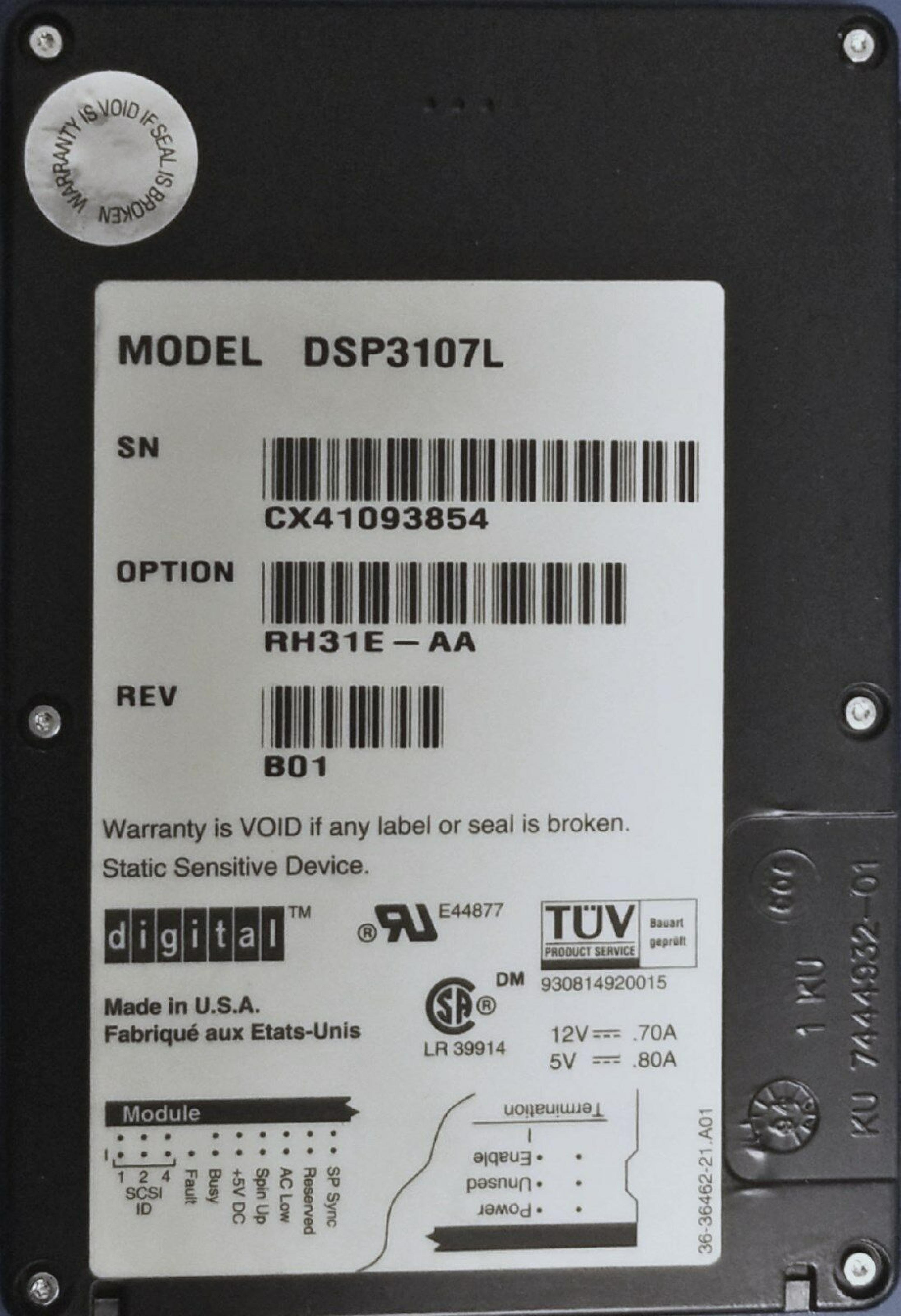 DEC / DIGITAL EQUIPMENT CORPORATION / NCR DSP3107L HARD DISK PULLED FROM SYSTEM 3300 DRIVE