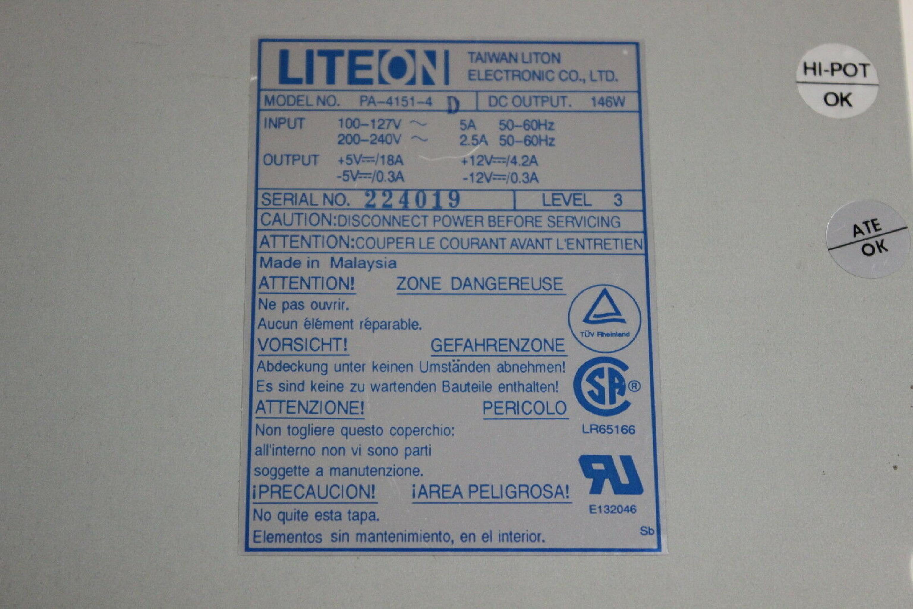 LITEON PA-4151-4D POWER SUPPLY PULLED FROM DELL 486P/50 AND 433/L PA-4151-4D 146 WATT