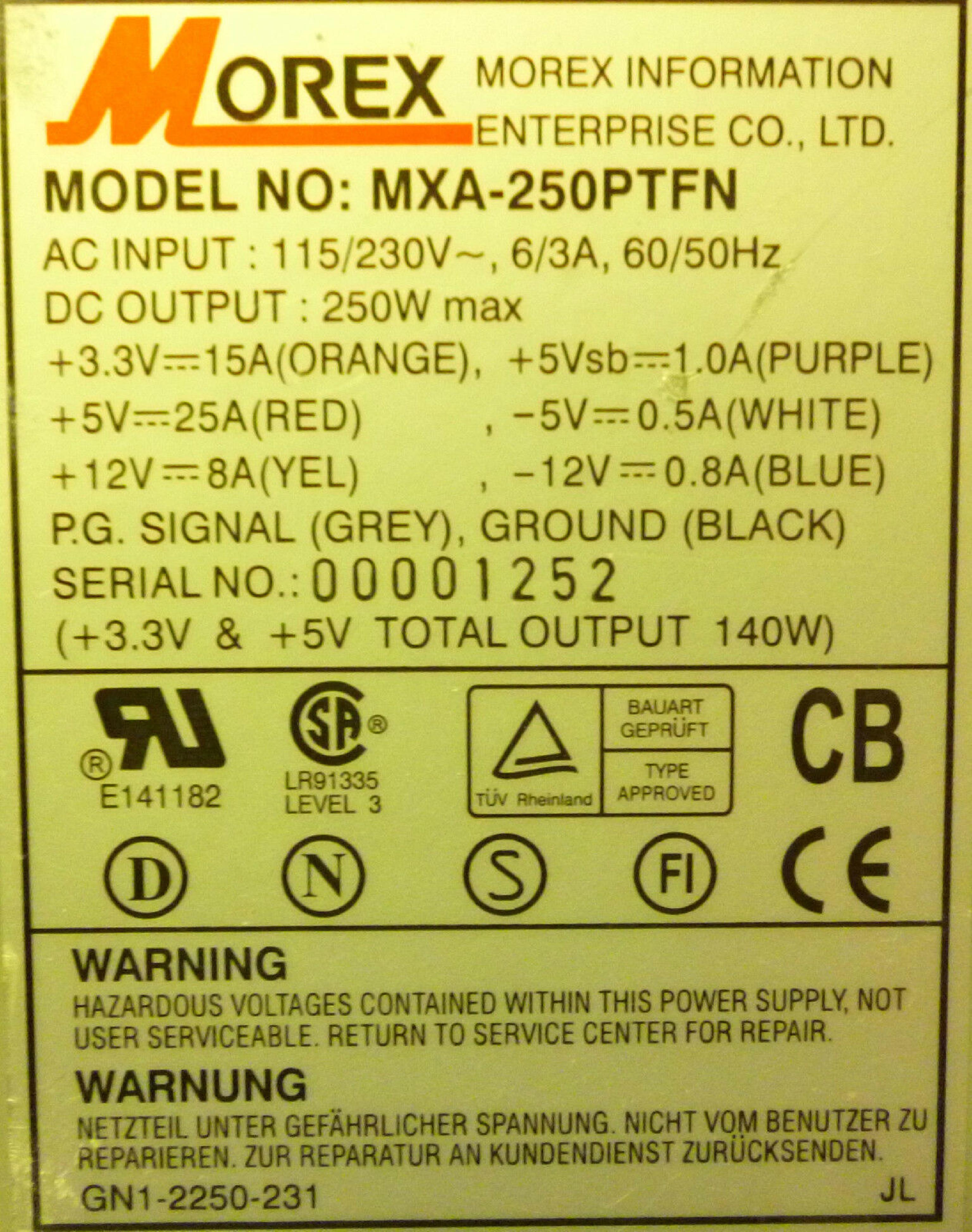 MOREX MXA-250PTFN ATX STYLE POWER SUPPLY 250 WATT