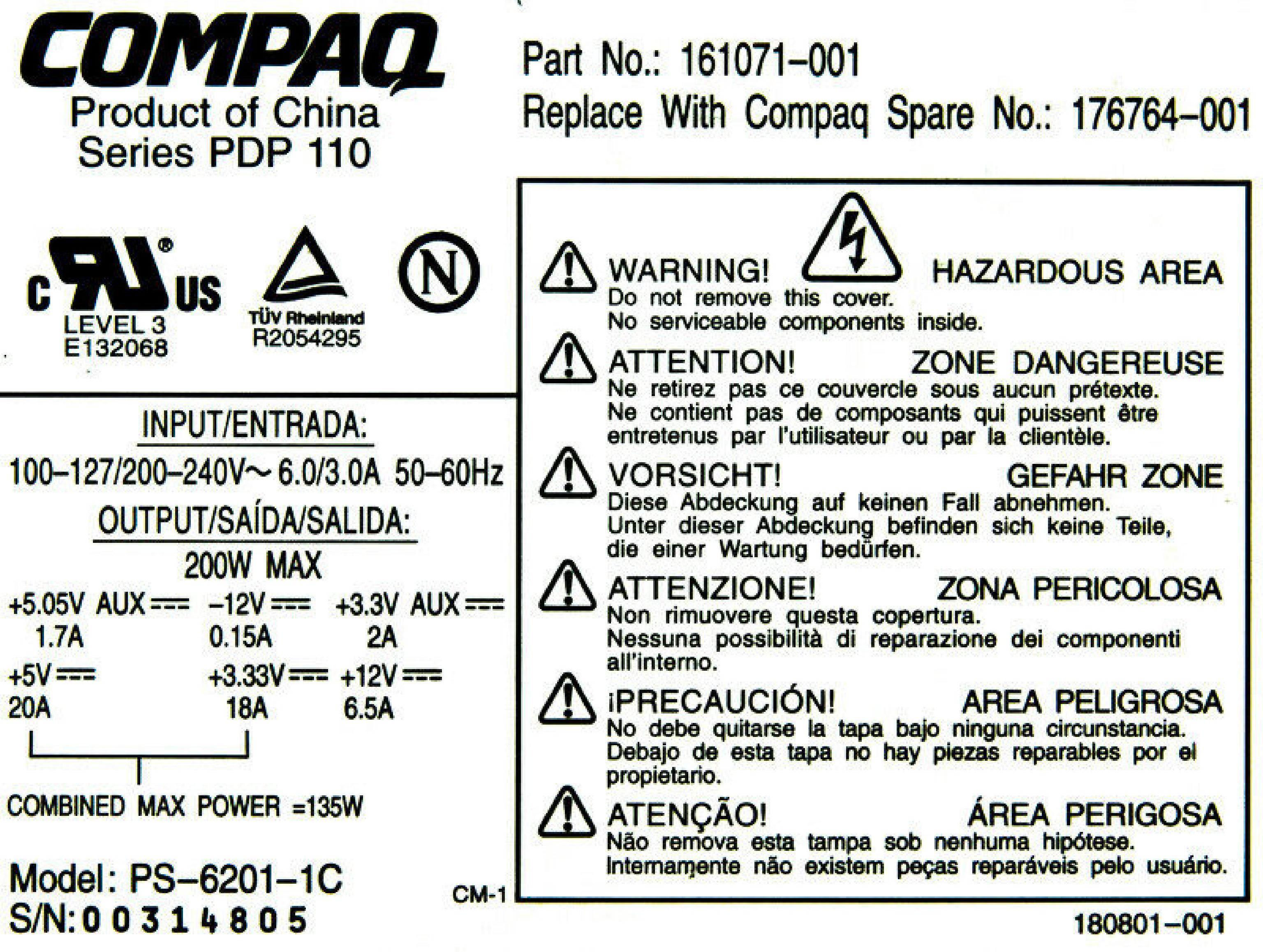 COMPAQ / HEWLETT PACKARD / HP PS-6201-1C 135 WATT ATX POWER SUPPLY