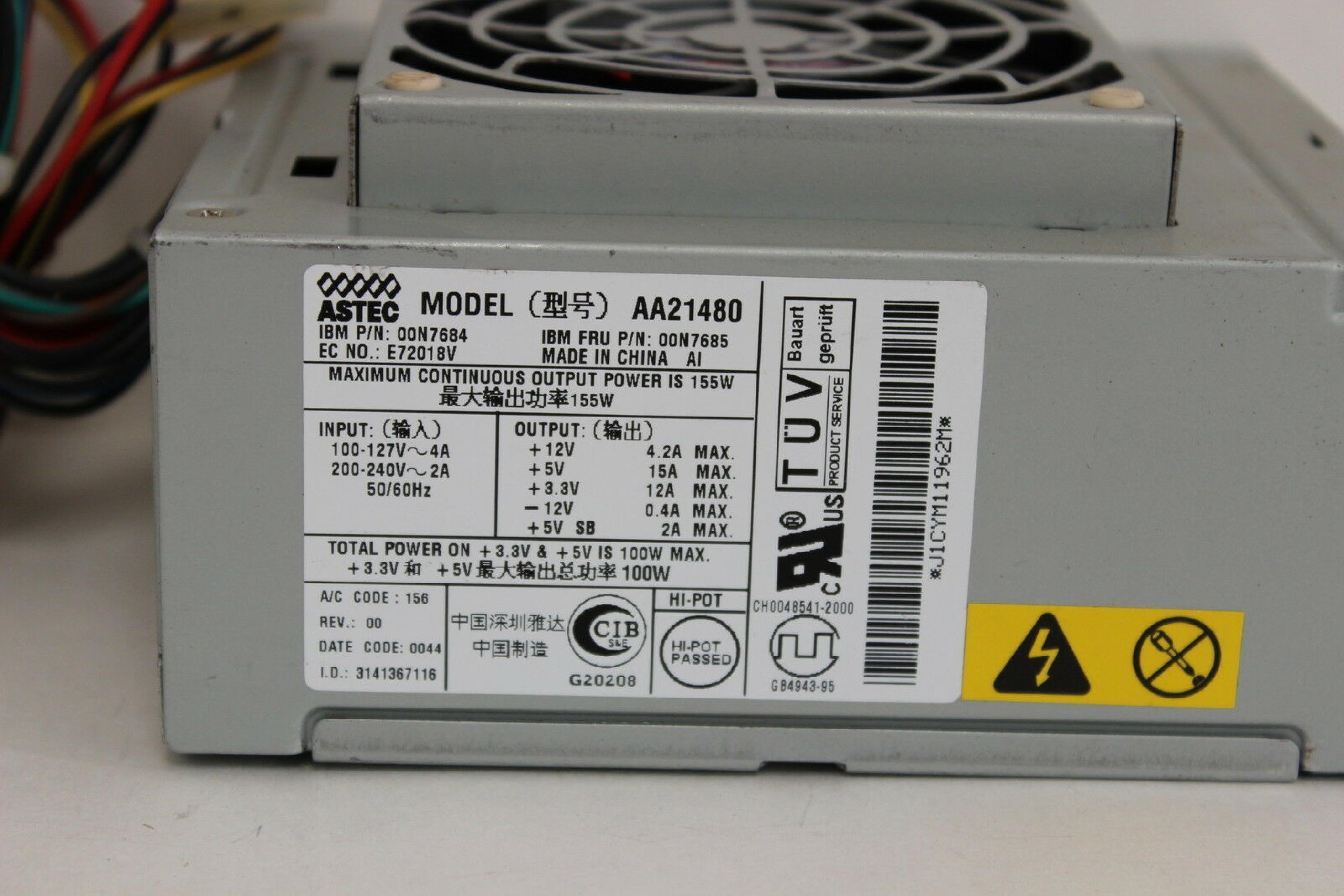 IBM 00N7685 HIPRO HP-M1554F3 ATX STYLE POWER SUPPLY 100 WATT ACBEL API-9635 155W ASTEC AA21480