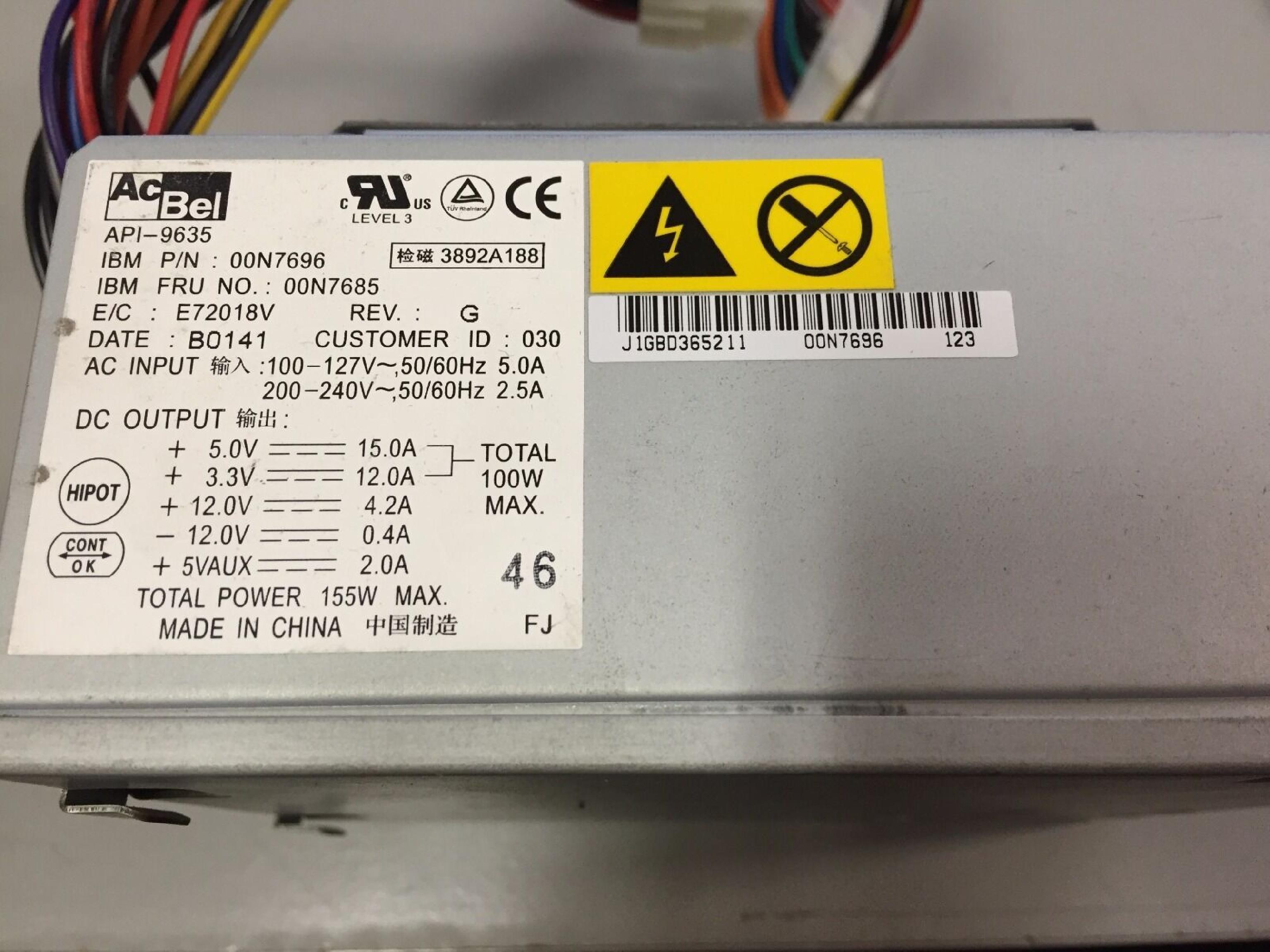 IBM 00N7685 HIPRO HP-M1554F3 ATX STYLE POWER SUPPLY 100 WATT ACBEL API-9635 155W ASTEC AA21480