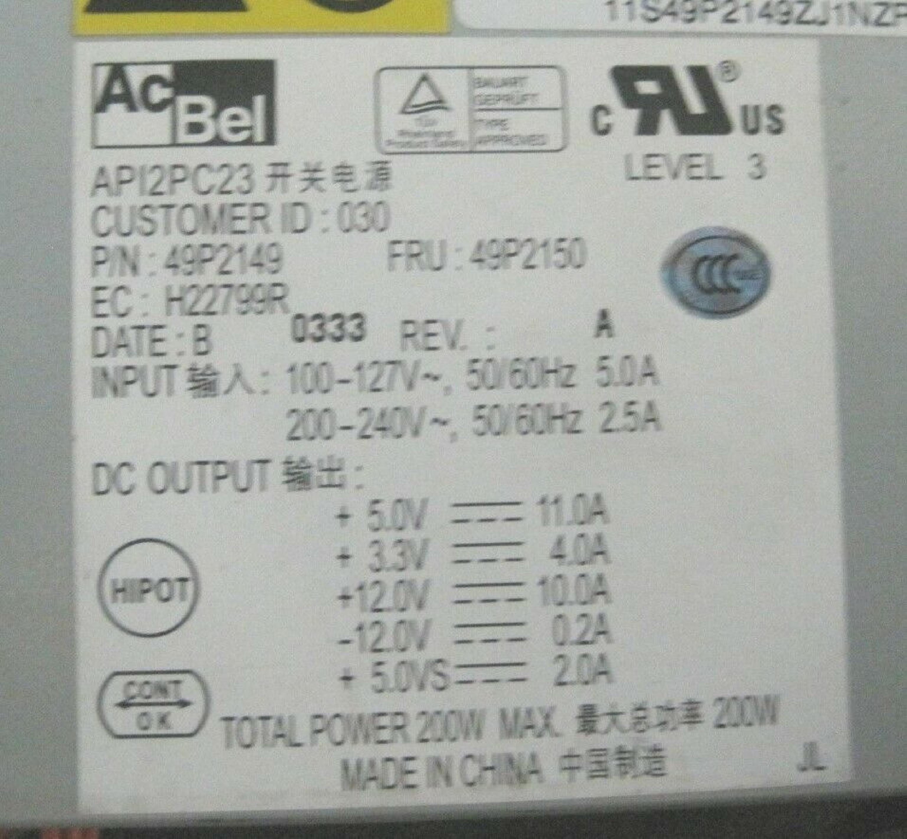 IBM / ACBEL 49P2149 ATX STYLE POWER SUPPLY 200 WATT FOR LENOVO 8183