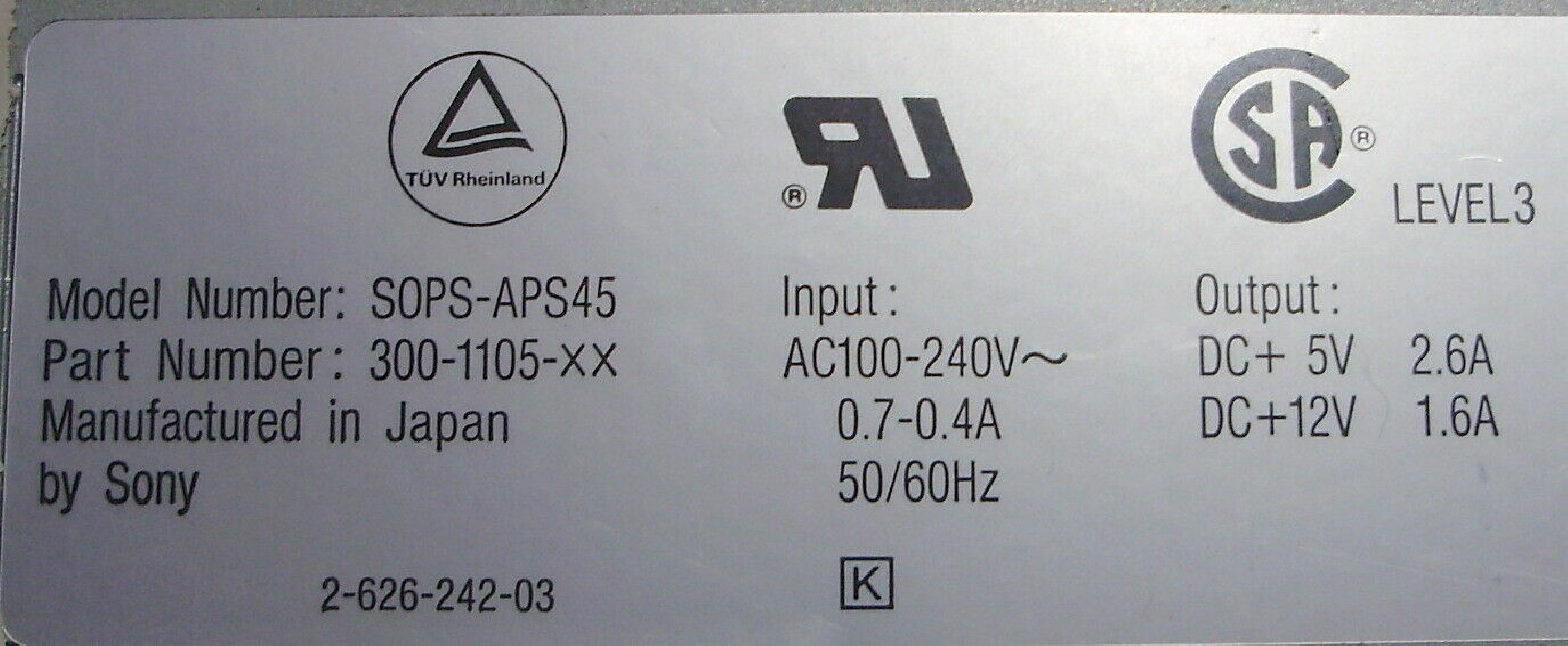 SUN MICROSYSTEMS / SONY SOPS-APS45 POWER SUPPLY FOR SUN EXTERNAL TAPE DRIVE