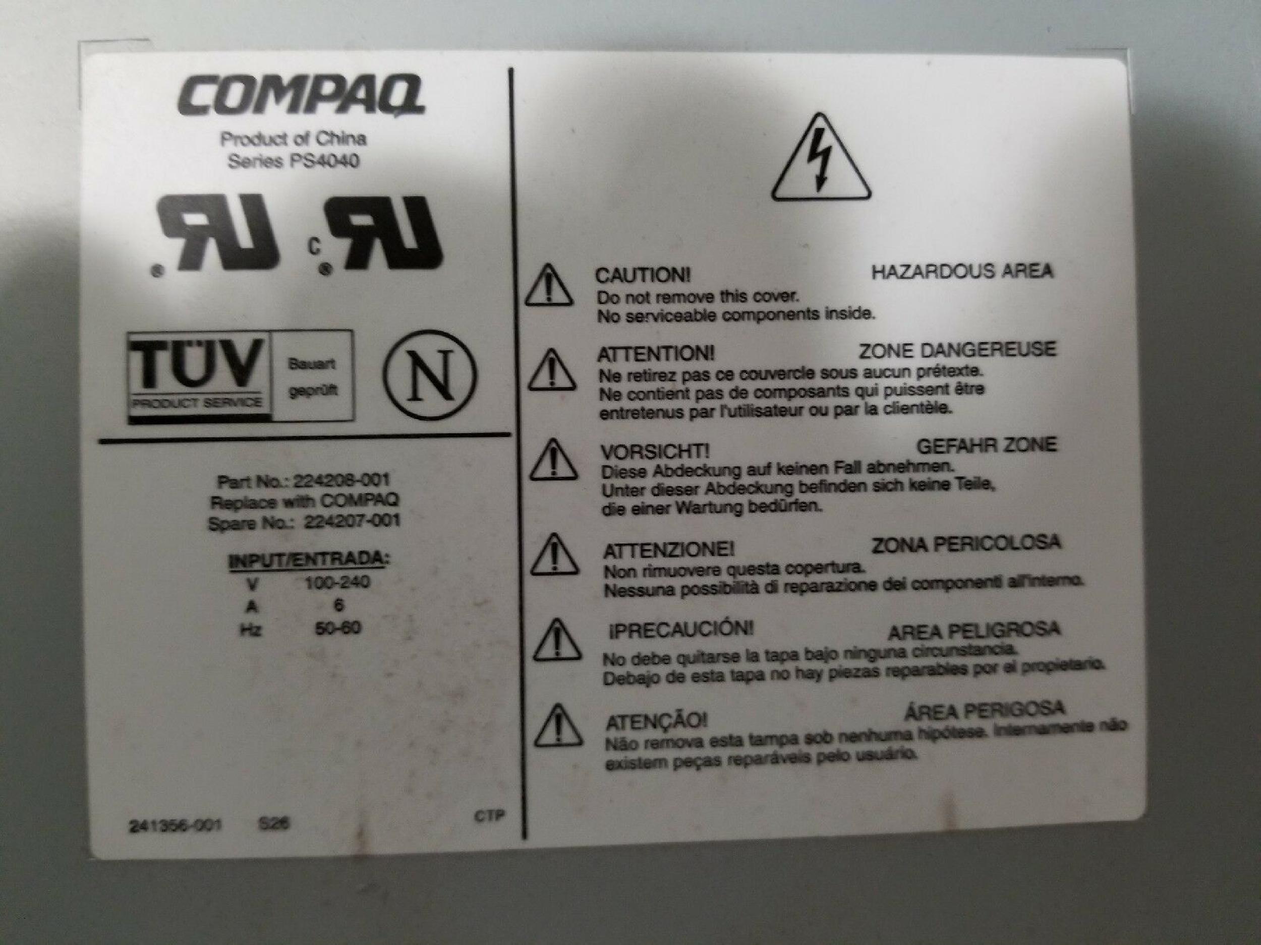 COMPAQ / HEWLETT PACKARD / HP 224208-001 POWER SUPPLY HOT SWAP