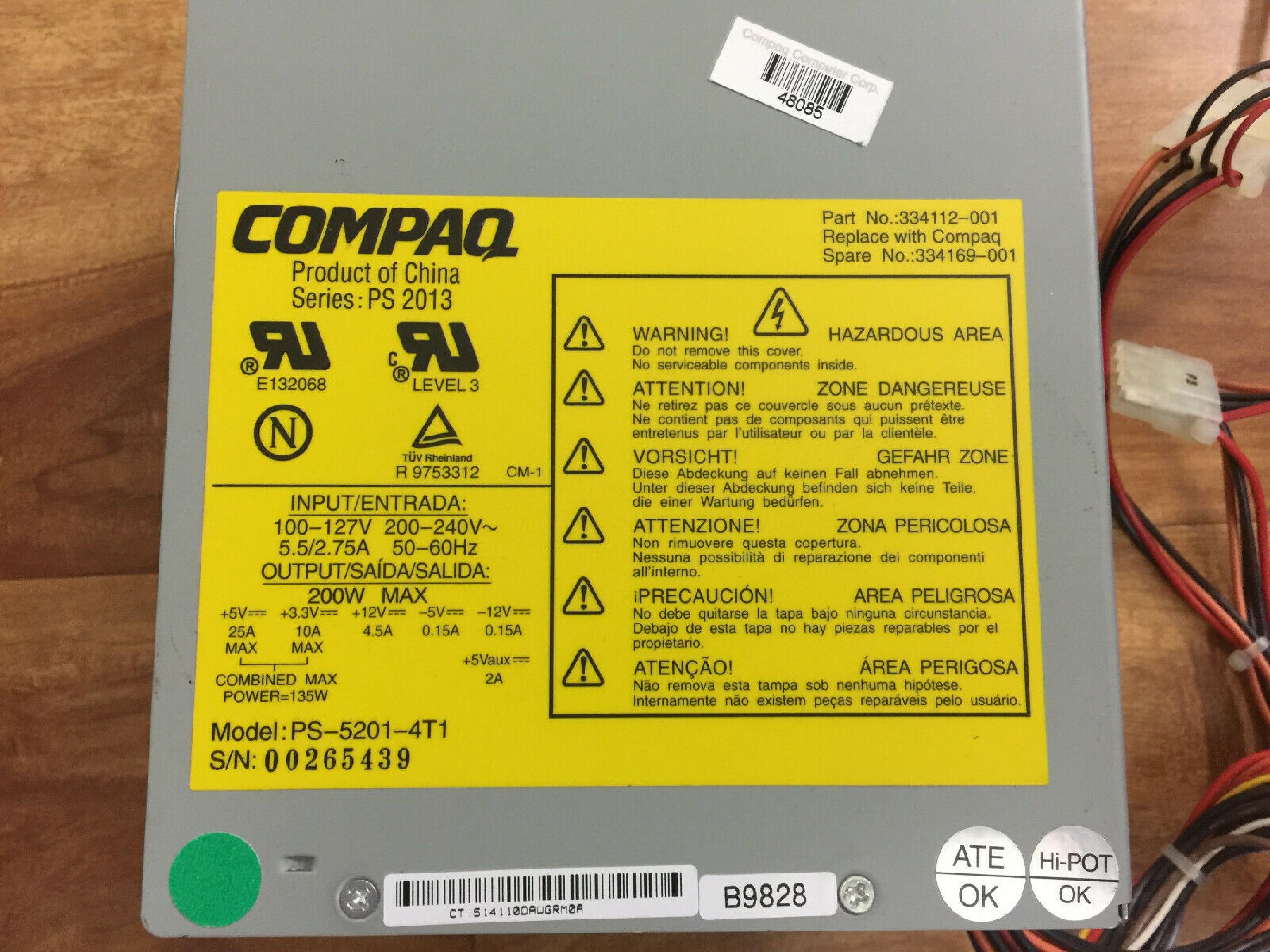 COMPAQ / HEWLETT PACKARD / HP 334112-001 135W POWER SUPPLY 200 WATT DESKPRO