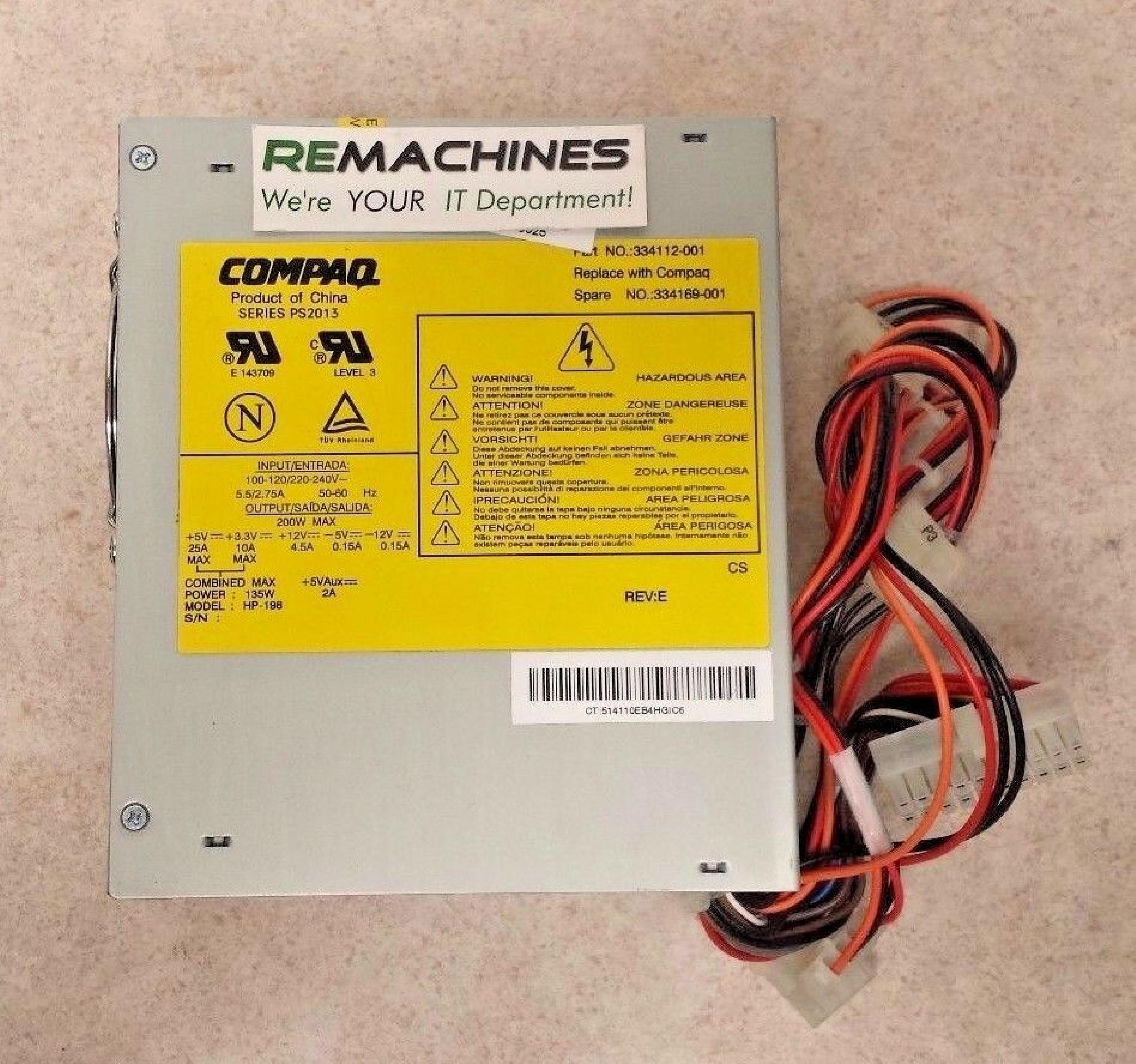 COMPAQ / HEWLETT PACKARD / HP 334169-001 135W POWER SUPPLY 200 WATT DESKPRO