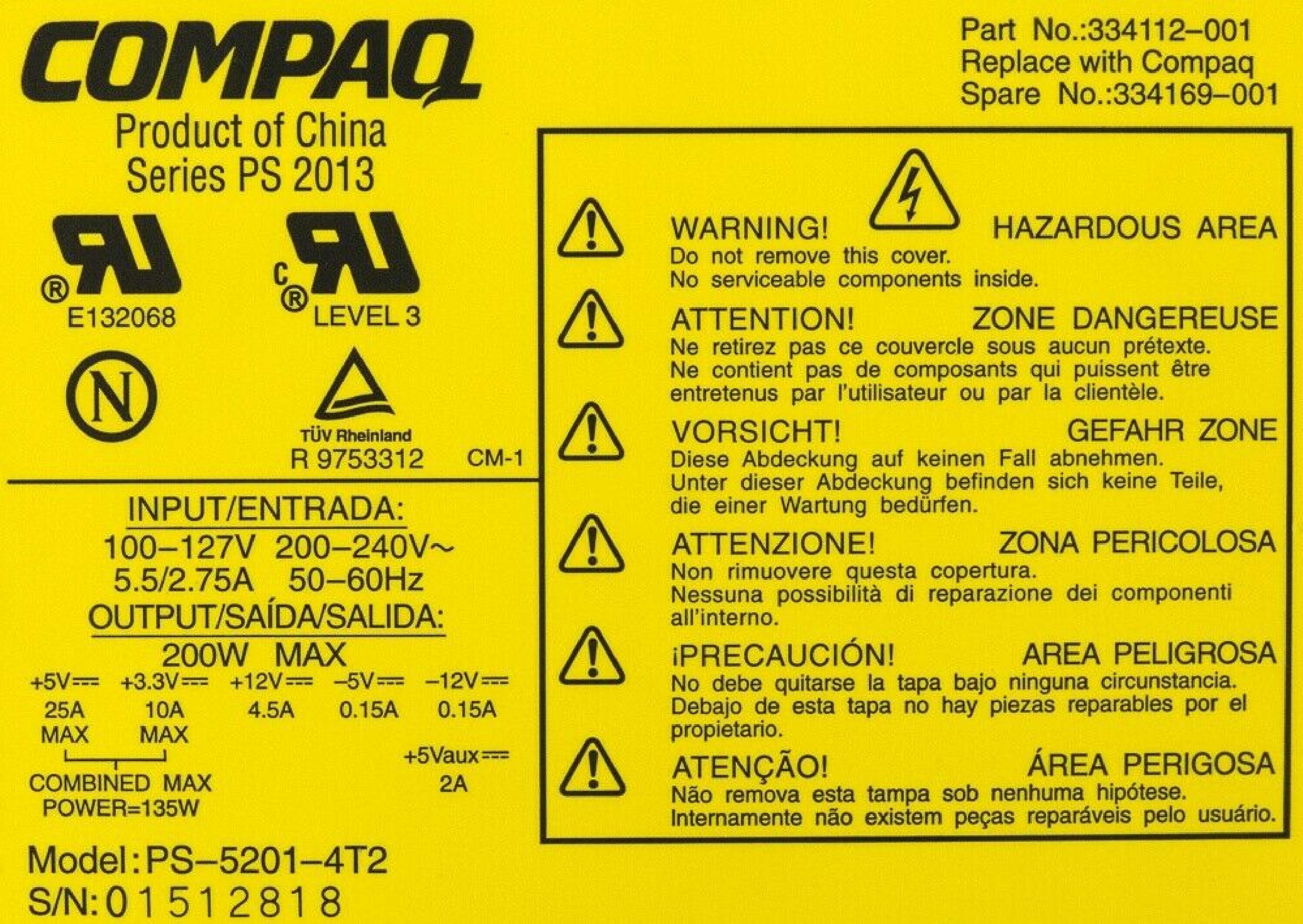 COMPAQ / HEWLETT PACKARD / HP PS-5201-4T2 135W POWER SUPPLY 200 WATT DESKPRO