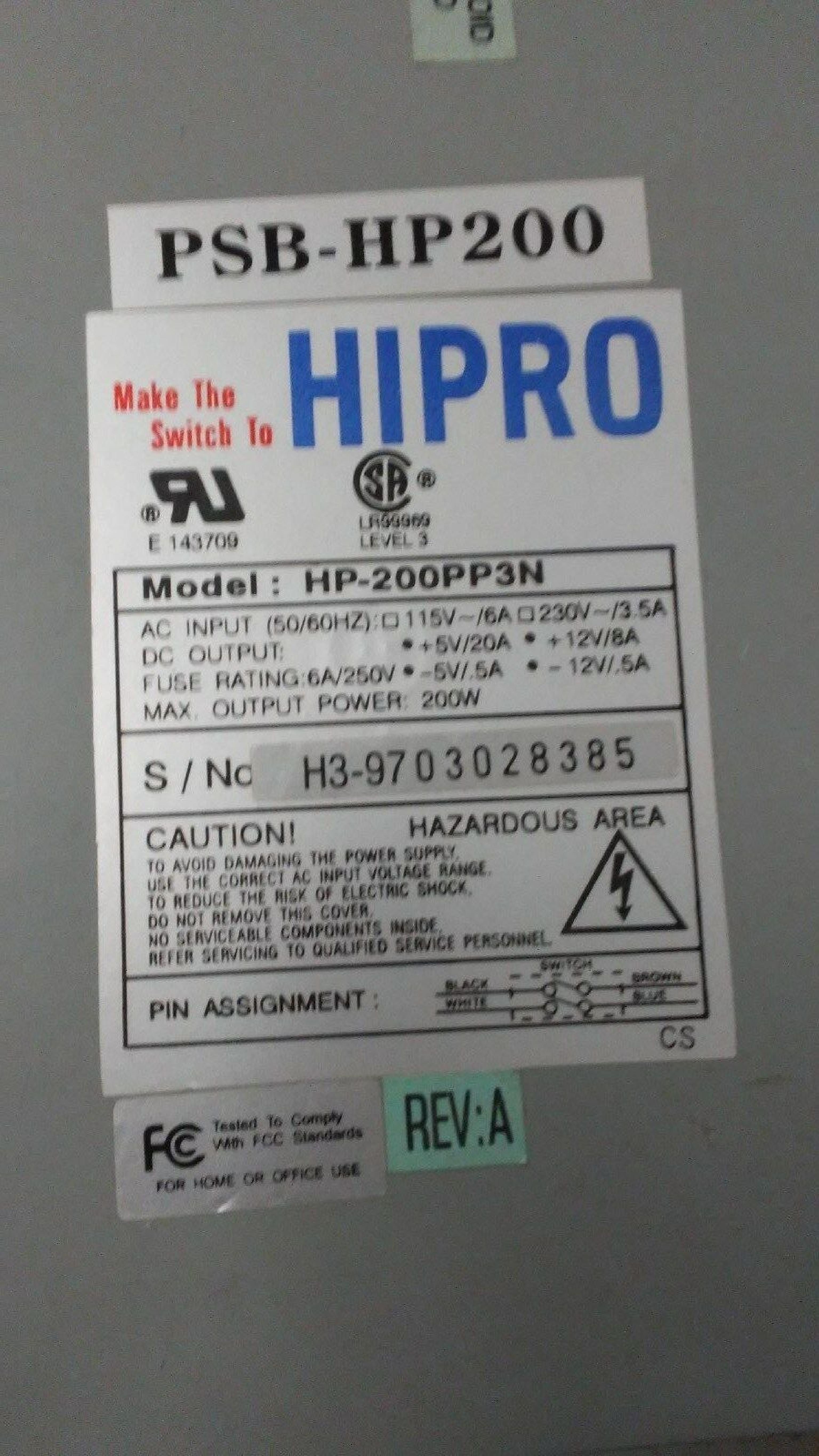 HIPRO PSB-HP200 POWER SUPPLY 200 WATT AT STYLE