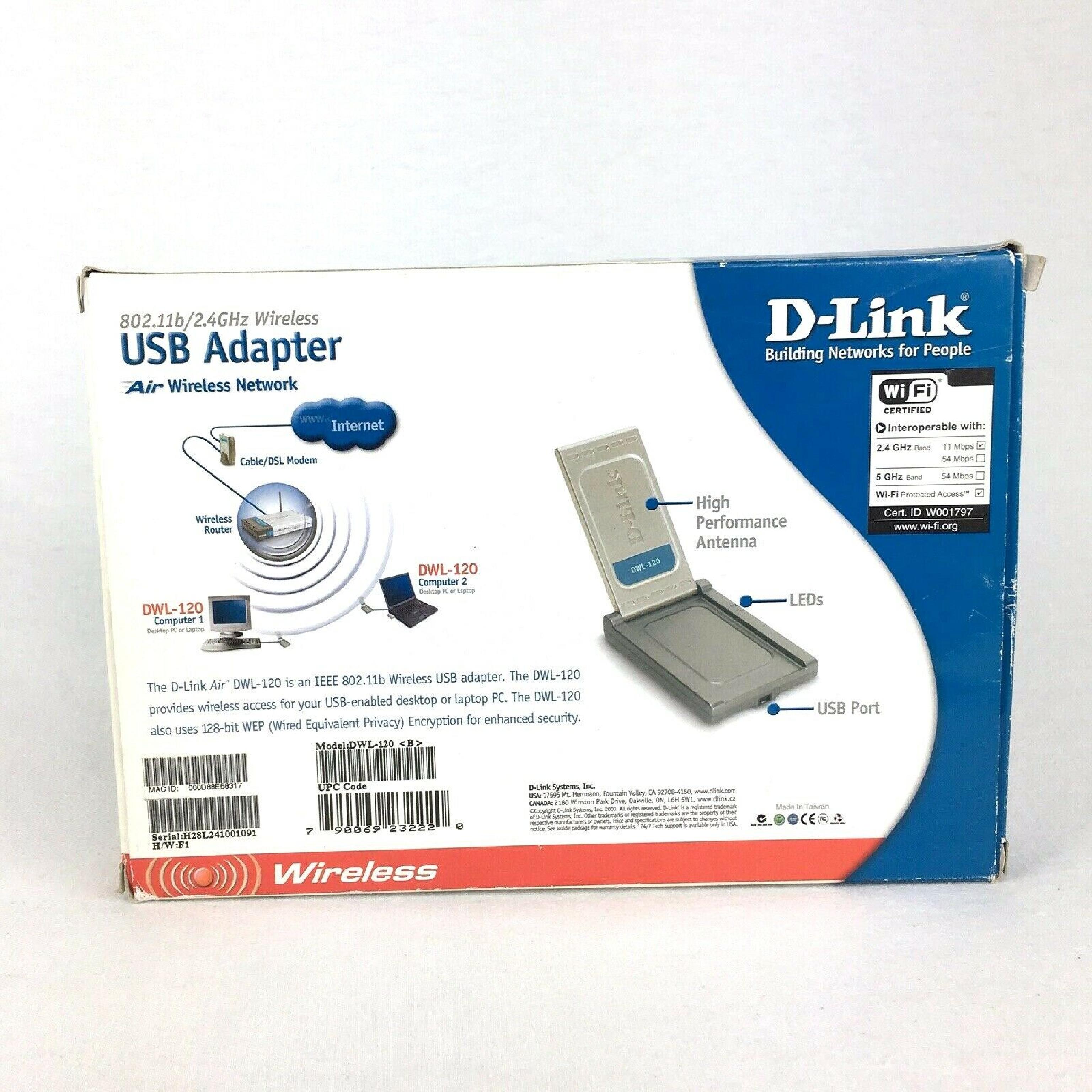 D-LINK SYSTEMS DWL-120 11MBPS WIRELESS USB ADAPTER